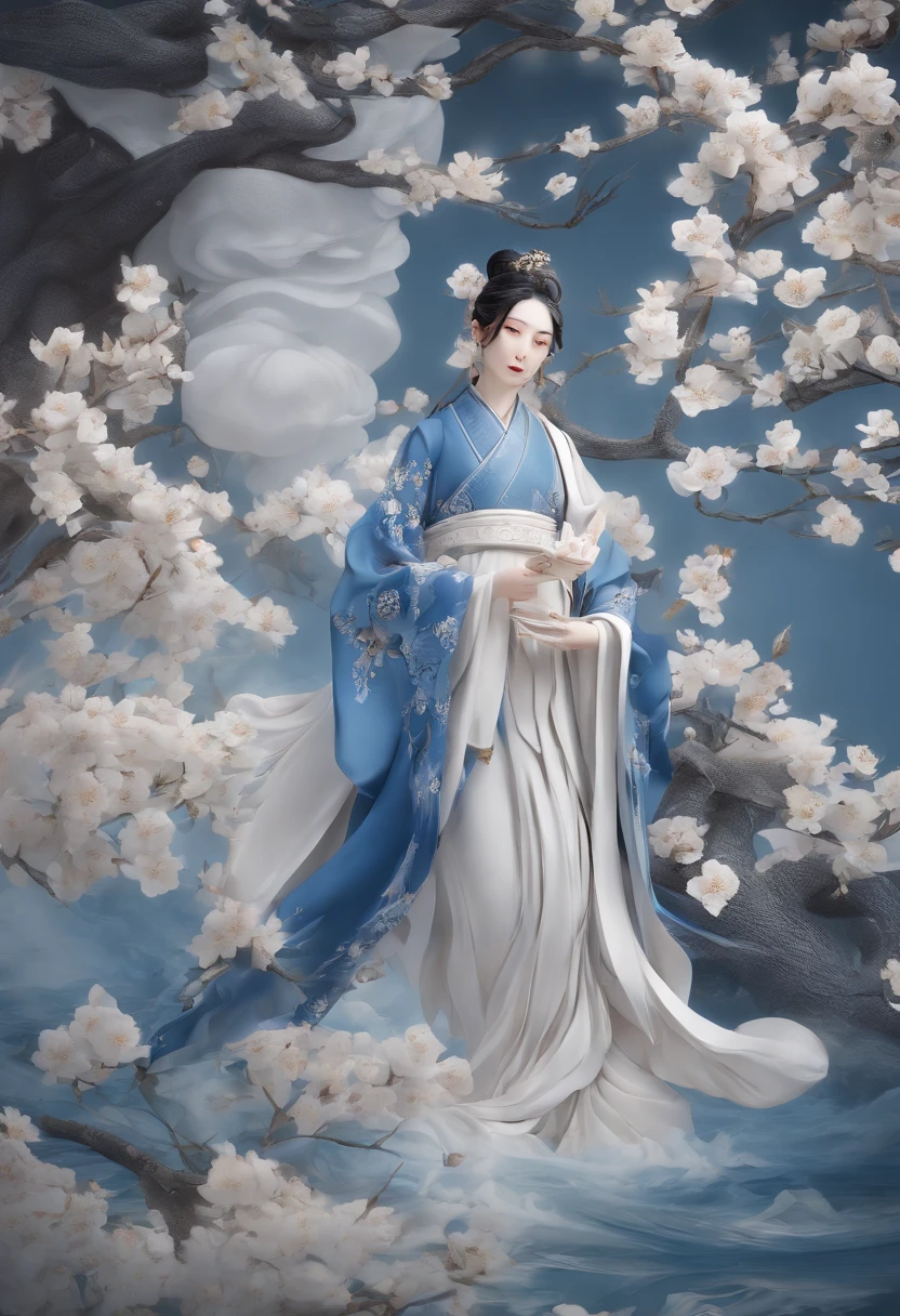 Blue and white porcelain,Ceramic material,Tang dynasty fairy,Ancient immortals,full bodyesbian,Flowing clothes,solid,Petals on the body,artwork of a,Ornaments, high detail,3D, Chiaroscuro, Cinematic lighting, god light, Cinematic lighting, hyper HD, High details, Best quality, A high resolution, Textured skin