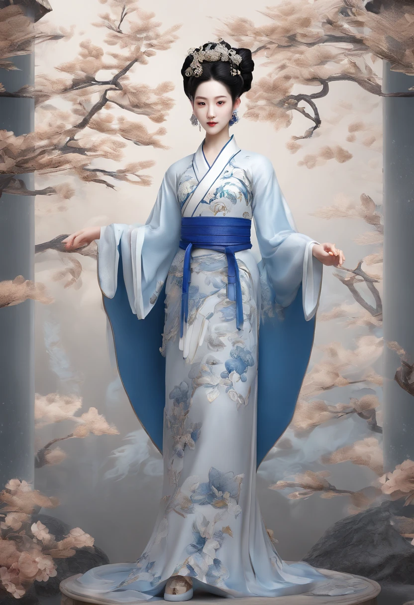 Blue and white porcelain,Ceramic material,Tang dynasty fairy,Ancient immortals,full bodyesbian,Flowing clothes,solid,Petals on the body,artwork of a,Ornaments, high detail,3D, Chiaroscuro, Cinematic lighting, god light, Cinematic lighting, hyper HD, High details, Best quality, A high resolution, Textured skin