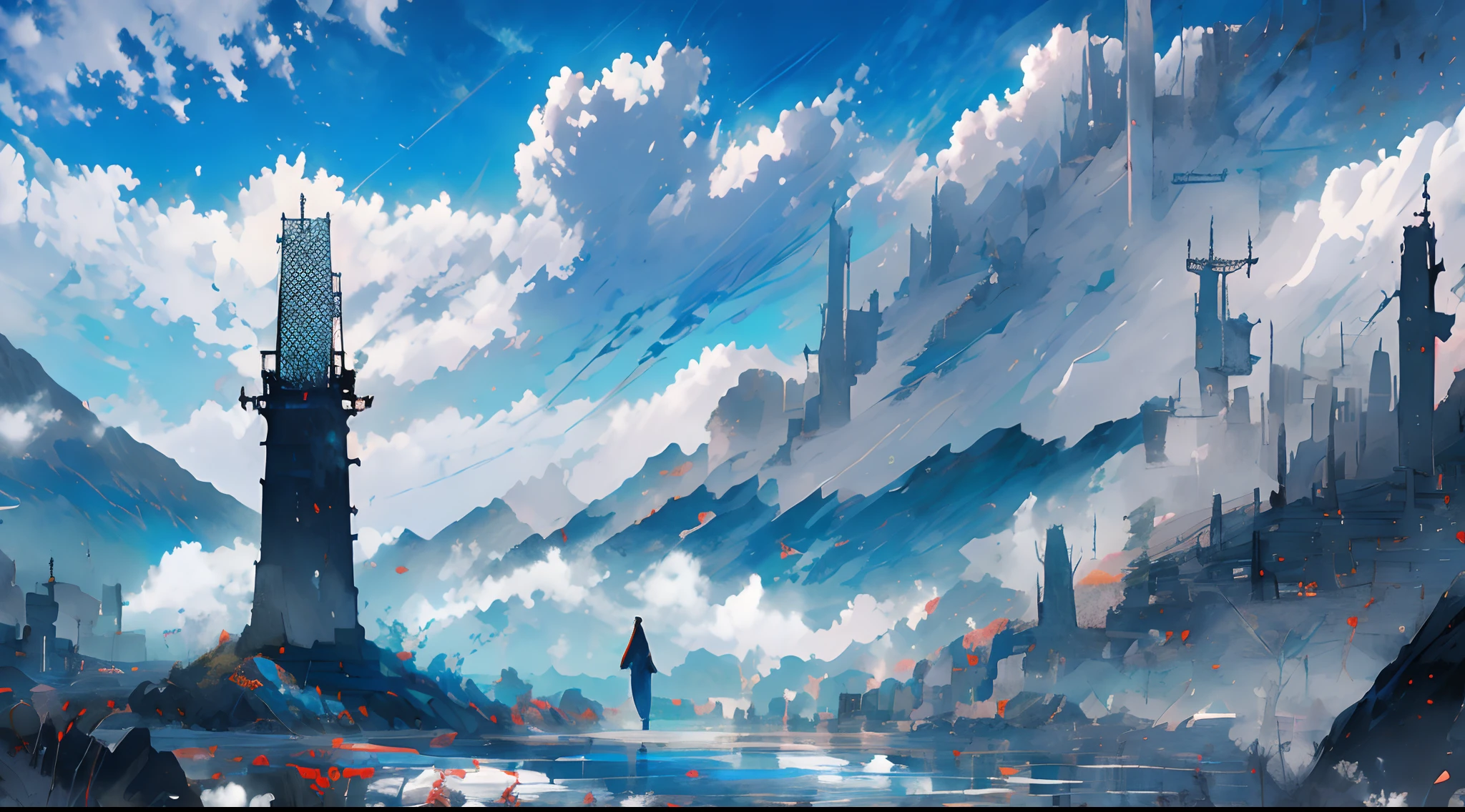 a village in mountain areas and mountains covered with sky and clouds and bright tone of anime