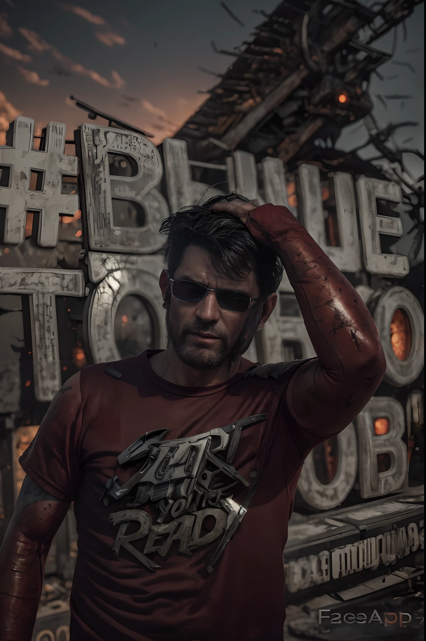 Cine lenses, Cinematic lighting, A realistic photo, Dark hair, 1 super strong Brazilian, (angry), Commander of the Infernal Creatures, Red clothing with grey details (very detailed clothes), (Battle wounds), (full - body) , (Metal shoulder pads), Outlined thorax, alien landscape, imagination, (Realistic), clean sky, synthetic, Sunset, (HDR:1.5), exteriors, intricate details, mountains in the distance