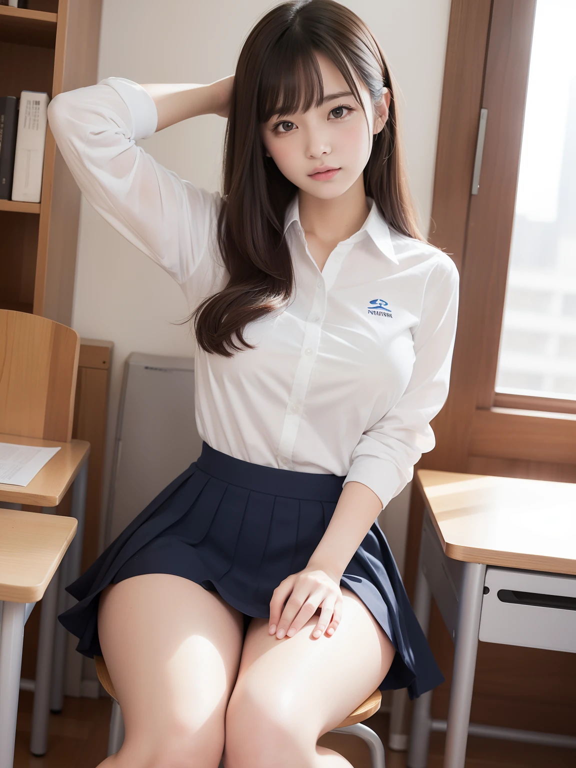 student clothes、high-school uniform、large full breasts、Voluptuous thighs、Pull up your skirt、Raise the skirt with your hands、Panties are visible、Show underwear、Open legs:1.5、Opening legs:1.5、M-shaped legs:1.5、Sit up、Physical education sitting、Raise one foot to the desk、Stand up on one knee、Two legs