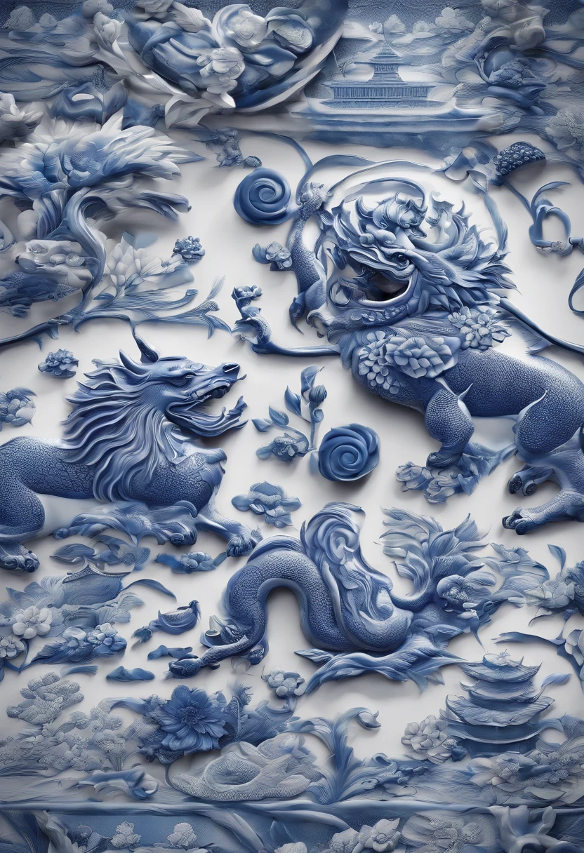 Blue and white porcelain,Ceramic material，Ancient Chinese mythical beasts，On a table，solid，artwork of a，Ornaments， high detail,3D， Chiaroscuro, Cinematic lighting, god light, Cinematic lighting, hyper HD, High details, Best quality, A high resolution, Textured skin