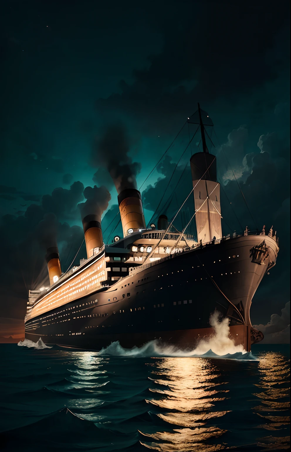 Draw an ultra-realistic 8K image of the Titanic's deck, with passengers gathering, enjoying the view, and interacting with the crew. --auto