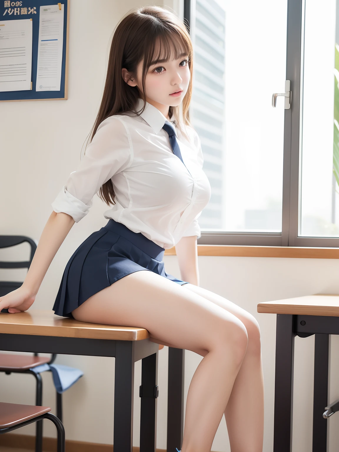 student clothes、high-school uniform、large full breasts、Voluptuous thighs、Pull up your skirt、Raise the skirt with your hands、Panties are visible、Show underwear、Open legs:1.5、Opening legs:1.5、M-shaped legs:1.5、Sit up、Physical education sitting、Raise one foot to the desk、Stand up on one knee、Two legs