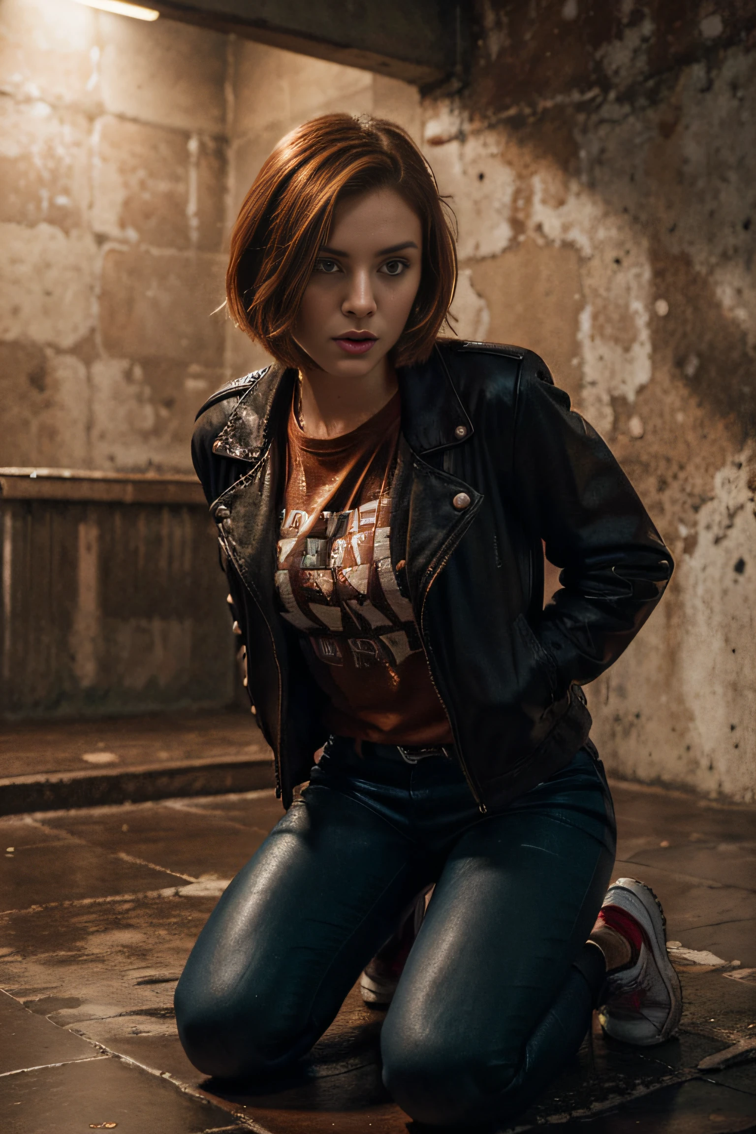 A  girl, kneeling helpless, with dark circles under the eyes (1.2x Accent). She's wearing a t-shirt, leather jacket, black wet jeans, and running shoes. Her face turns red with embarrassment (1.2x Accent) and shame. Her distinctive coppery red hair is styled in a bob cut. The action takes place in a dark and mysterious environment. There is an aura of humiliation and a sense of, that you're trapped. The atmosphere is enhanced by subdued lighting and shadows. The overall image should be of the best quality, with ultra-detailed features and realistic, Photorealistic (1.37x Accent) Rendering. The color palette should be bright and saturated, with an accent on coppery red tones.