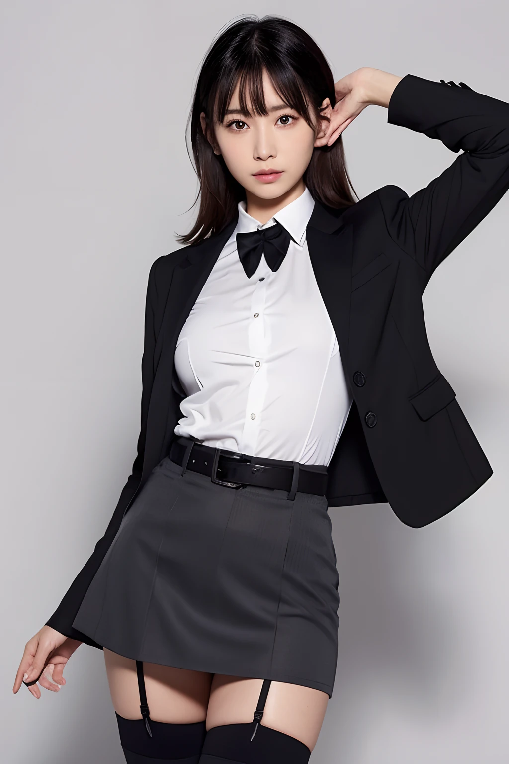 (masutepiece:1.2),High quality,vivd colour,flat-colors,Deep Depth Of Field,Lens Flare,1 girl,Black hair,eyecontact,Suit,Collared shirt,Belt bag,suspenders,Professional,Office Lady,Mature Women,Black mini skirt　garterbelts　knee high　Stockings　Black Niso　Colorcon armpit sweat　perspiring　Side of both hands,Black jacket,Gaze,ample bosom,Armpit sweat,Exposing the armpits"Pichi Pichi clothes