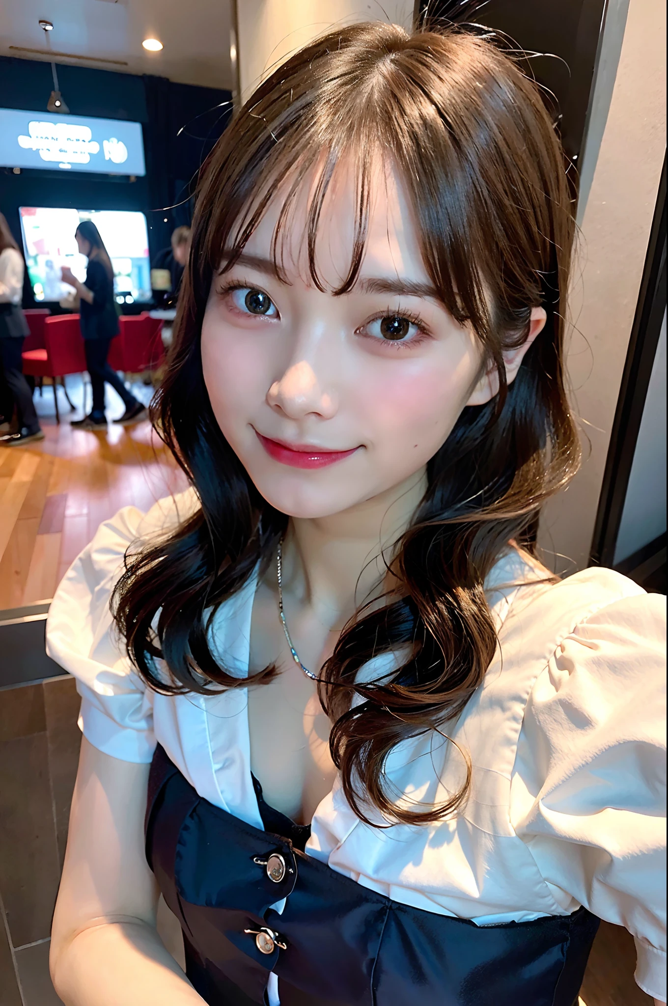 Highest quality, masterpiece, Ultra-high resolution, (Realistic:1.4),((Thin face:1.2)), (Close-up portrait) RAW Photos, 1 Girl,20-year-old,((Inside the Shinkansen)),((Wireless Earphones)),((Staring at your smartphone screen)),,((Asian Fashion)),Messy Hair,((Dark Chestnut Hair)),((Short bangs)),Realistic,Image Media Chest)),((Smiling with teeth showing)),((Big smile))