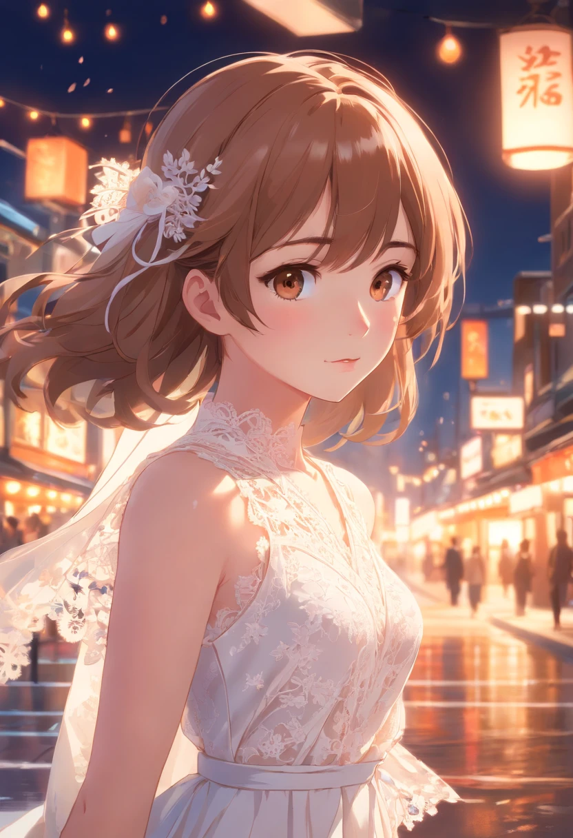 beautiful detailed eyes,bright,light brown eyes,white lace dress,adorable girl,smooth porcelain skin,(best quality,highres),vivid colors,soft lighting,romantic atmosphere, ethereal, porcelain doll aesthetic