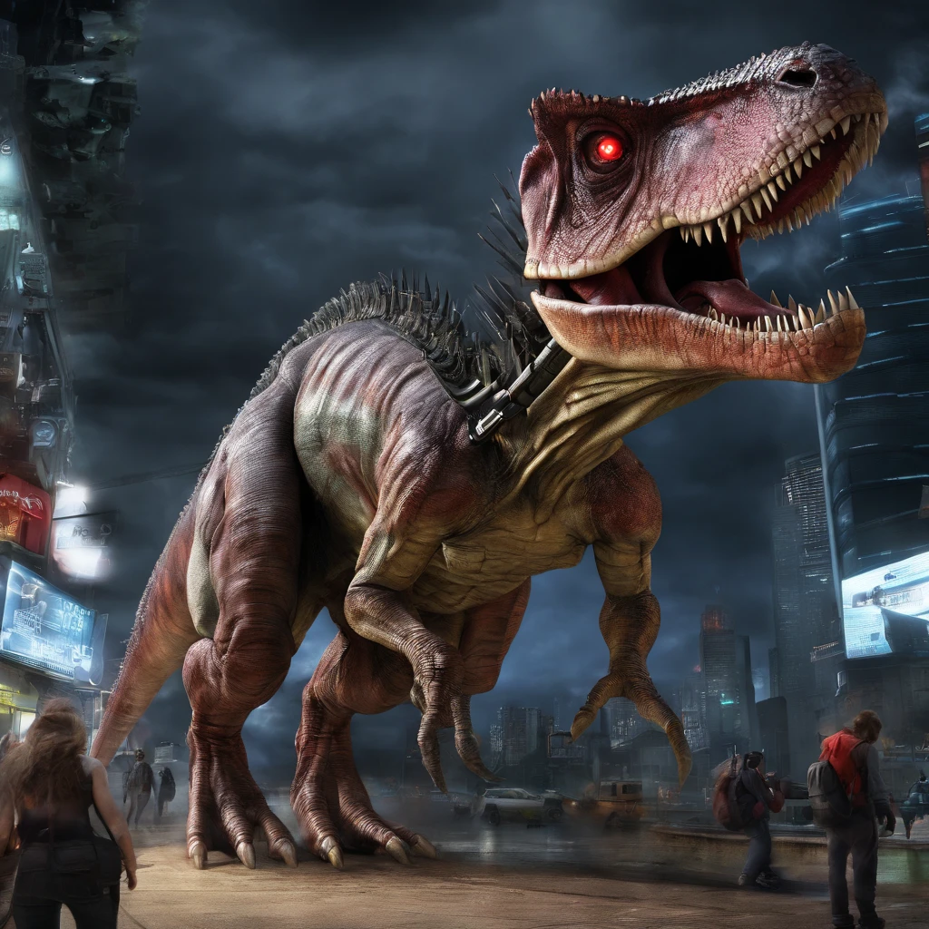 awesome robotic dinosaur, red eyes, cyber city, surreal, best quality,