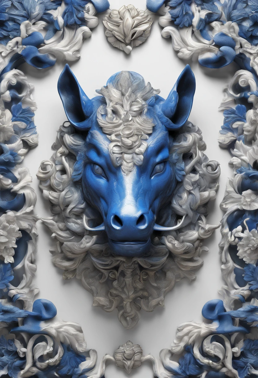 Blue and white porcelain,Ceramic material,Ancient Chinese mythical beasts,Unicorn,On a table,artwork of a,Ornaments, high detail,3D, Chiaroscuro, Cinematic lighting, god light, Cinematic lighting, hyper HD, High details, Best quality, A high resolution, Textured skin