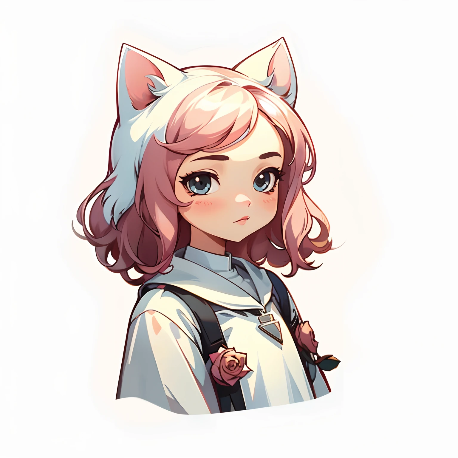 ((Stickers)), masterpiece, beautiful, (portrait), ,1girll,Simple background,Rose hair,White clothing,White cat ears