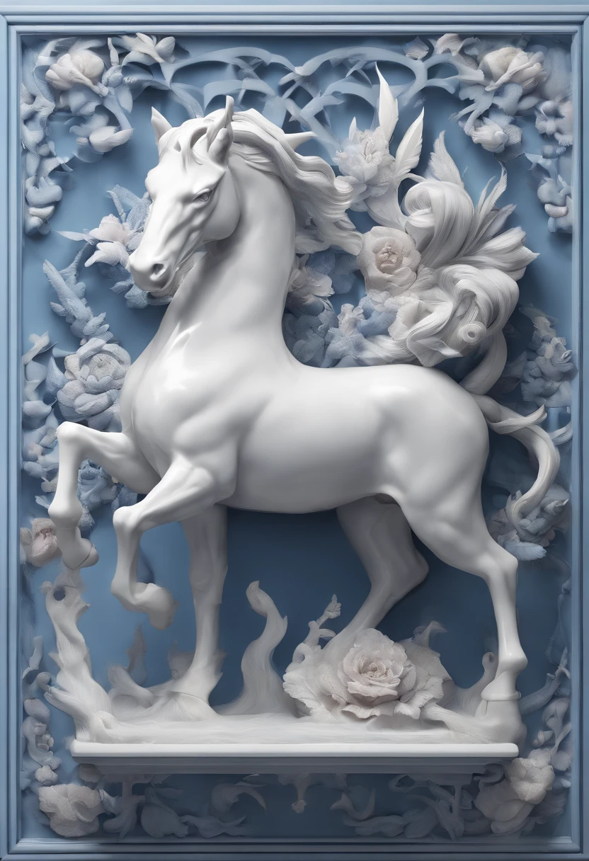 Blue and white porcelain,Ceramic material，Ancient Chinese mythical beasts，Unicorn，On a table，artwork of a，Ornaments， high detail,3D， Chiaroscuro, Cinematic lighting, god light, Cinematic lighting, hyper HD, High details, Best quality, A high resolution, Textured skin