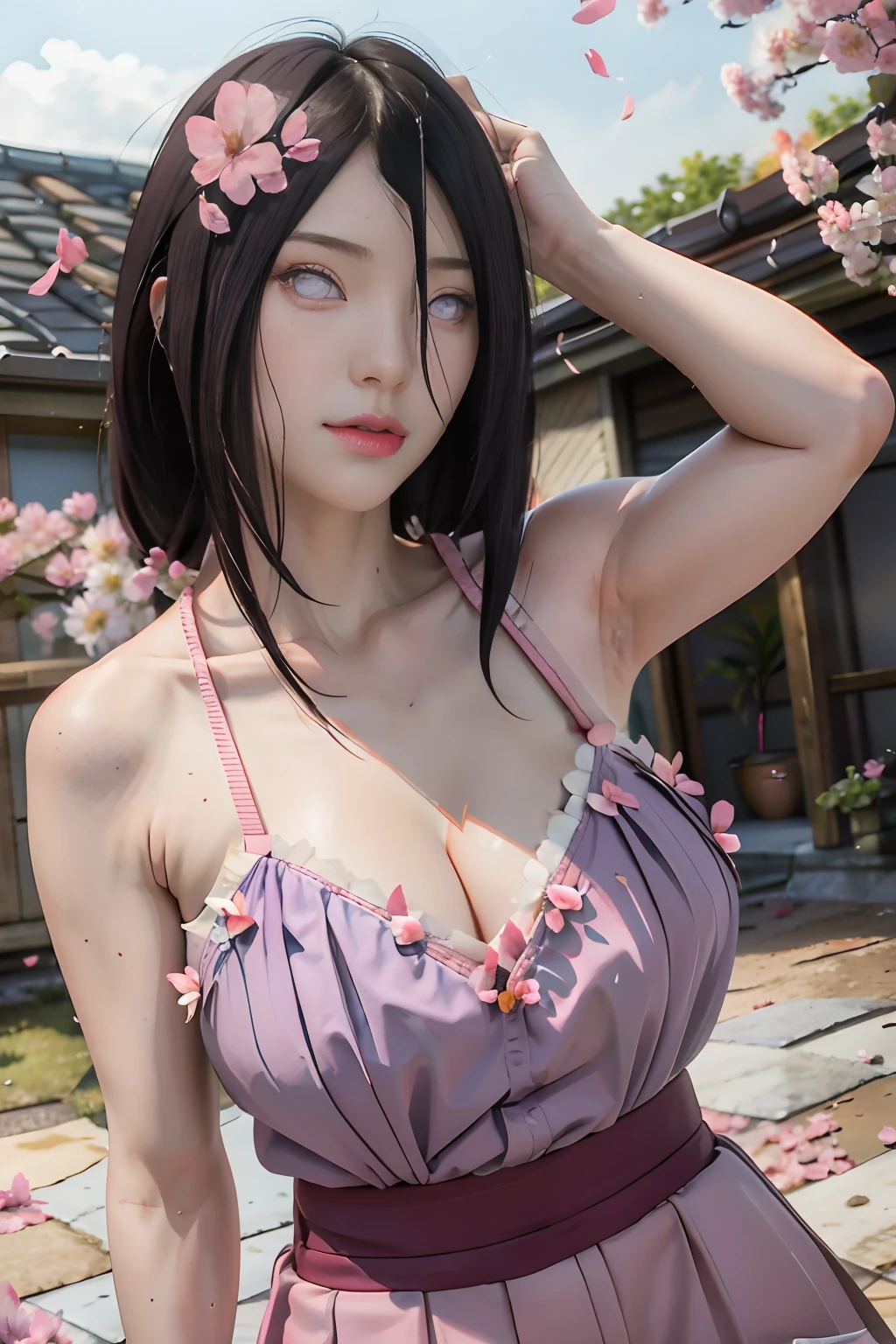 masterpiece, absurdres, hinata hyuga, 1girl, solo,mature female, spaghetti strap top,high waist short skirt, looking at viewer, (falling petals), perfect composition, detailed lips, big breast, beautiful face, body propotion, blush, (pink lips), long hair, purple eyes, soft gaze, super realistic, detailed, photoshoot, realistic face and body, sexual expression, seductive expression,