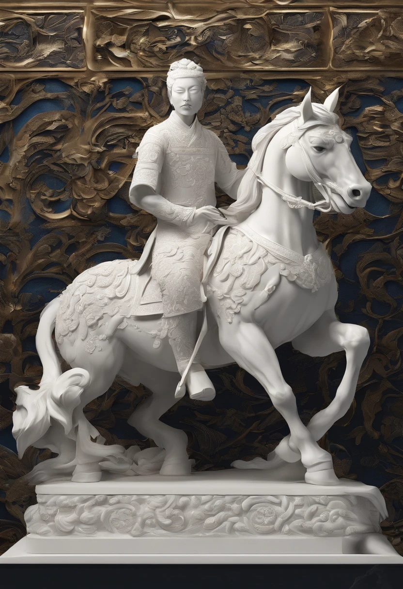 Blue and white porcelain,Ceramic material,Ancient Chinese mythical beasts,Unicorn,On a table,artwork of a,Ornaments, high detail,3D, Chiaroscuro, Cinematic lighting, god light, Cinematic lighting, hyper HD, High details, Best quality, A high resolution, Textured skin