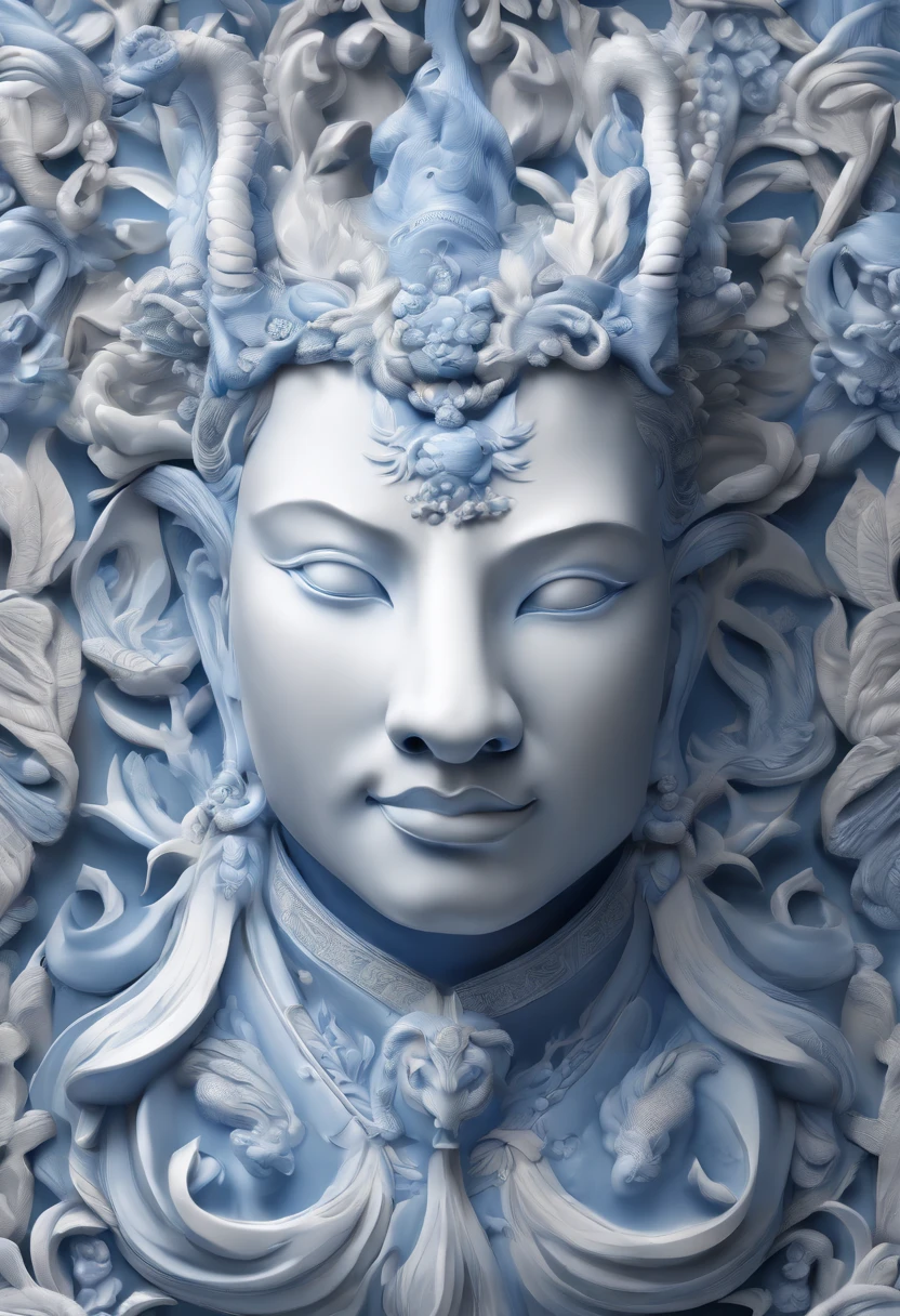 Blue and white porcelain,Ceramic material,Ancient Chinese mythical beasts,Unicorn,On a table,artwork of a,Ornaments, high detail,3D, Chiaroscuro, Cinematic lighting, god light, Cinematic lighting, hyper HD, High details, Best quality, A high resolution, Textured skin