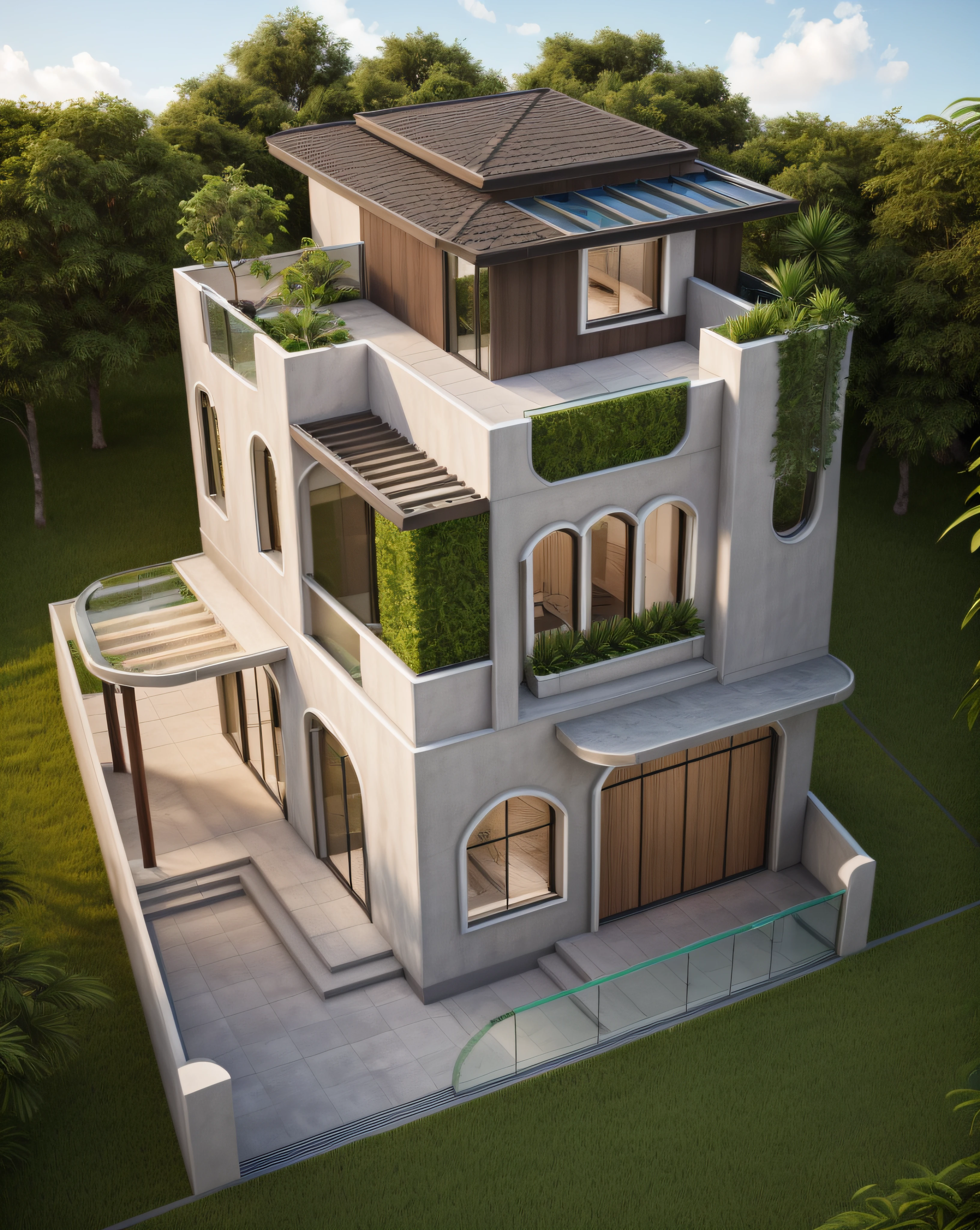 RAW photo,Masterpiece, high quality, best quality, authentic, super detail,
exterior, outdoors, house style modern with white stucco wall, house style modern with brown stucco wall, balcony, railing glass, refection glass windows, indoor furniture, plant and tree near the house, plant on the rooftop,
,grass,tropical garden, trees, beautiful summer sky, beautiful landscape with grass and flower bushes, plants, trees
(day:1.2), vray, 8k, uhd, vivid colour