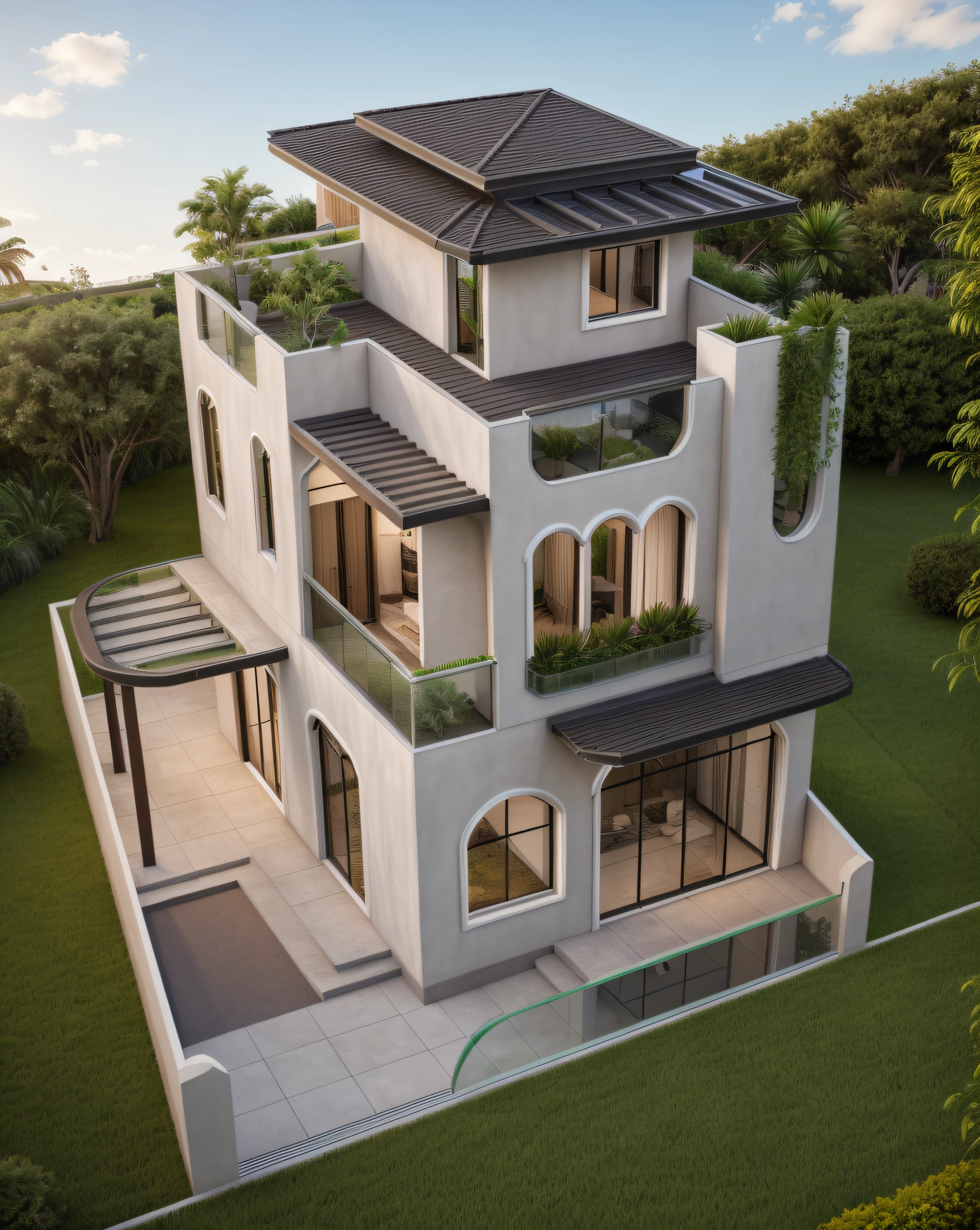 RAW photo,Masterpiece, high quality, best quality, authentic, super detail,
exterior, outdoors, house style modern with white stucco wall, house style modern with brown stucco wall, balcony, railing glass, refection glass windows, indoor furniture, plant and tree near the house, plant on the rooftop,
,grass,tropical garden, trees, beautiful summer sky, beautiful landscape with grass and flower bushes, plants, trees
(day:1.2), vray, 8k, uhd, vivid colour