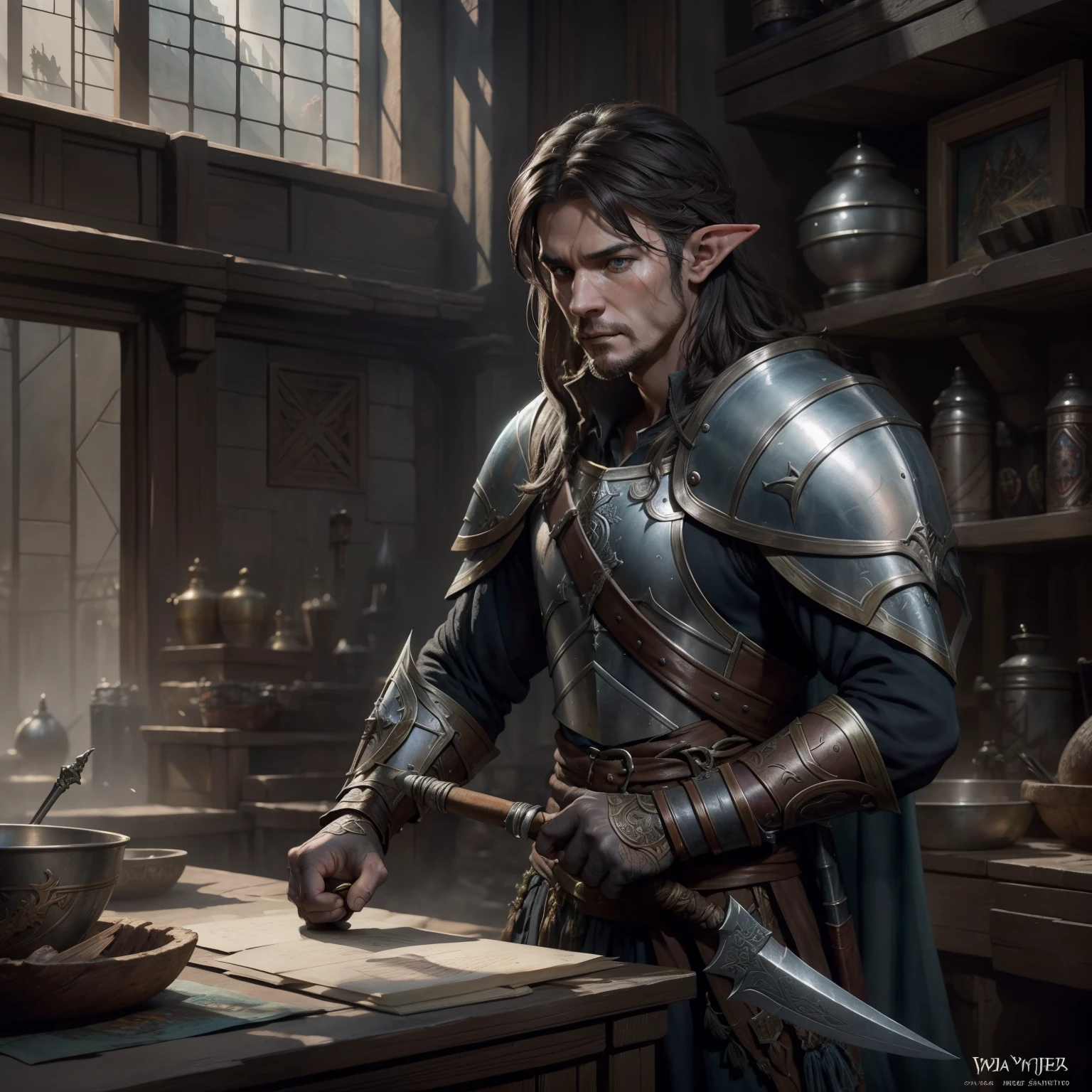 elf warrior repairing his weapon, medieval fantasy, line art watercolor wash, concept art, by Brian Froud and Carne Griffiths and Wadim Kashin and John William Waterhouse, intricate details, 8k post production, high resolution, hyperdetailed, trending on artstation, sharp focus, studio photo, intricate details, highly detailed, by greg rutkowski