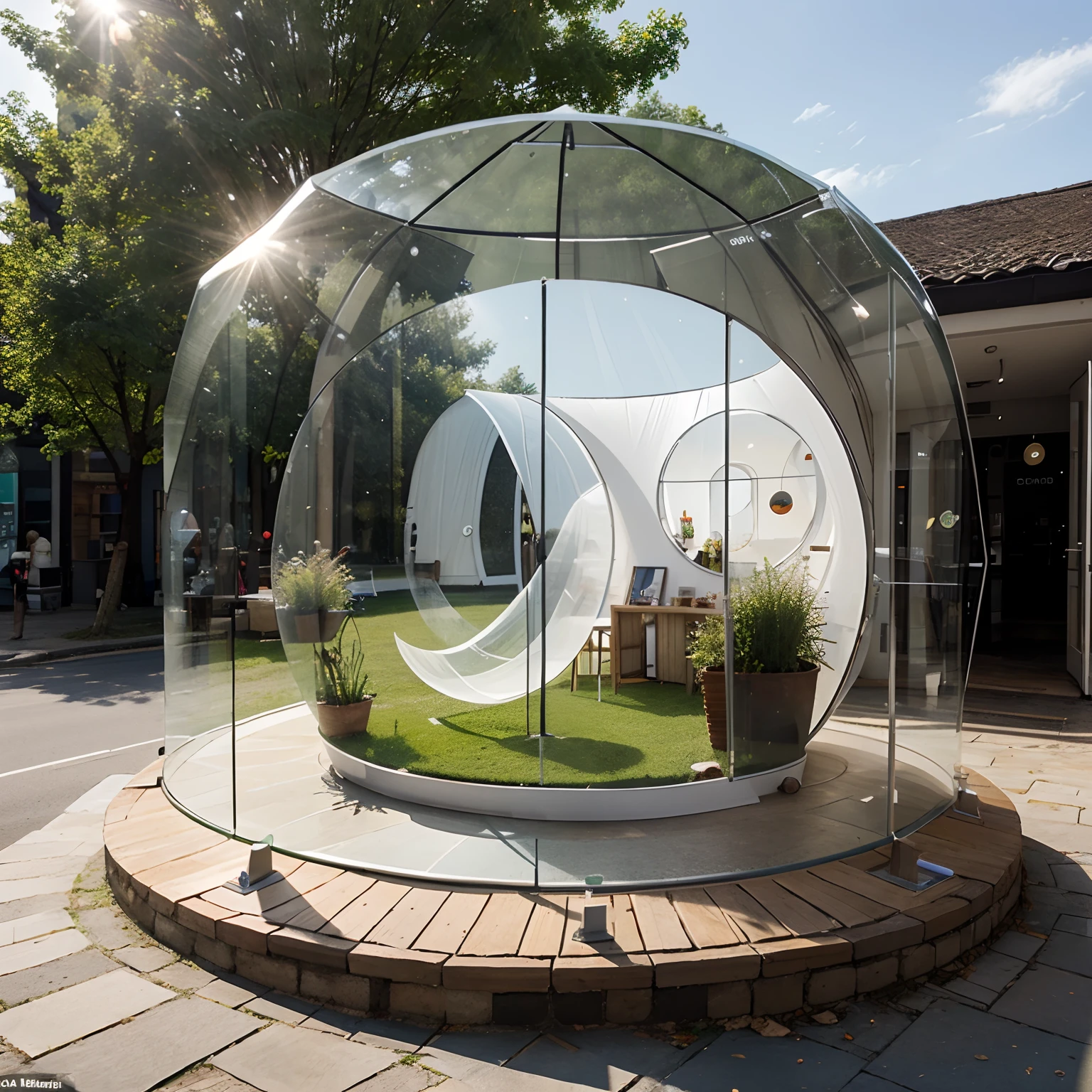 The pop-up shop in the shape of a semi-circular glass cover is transparent, bright and naturally caters