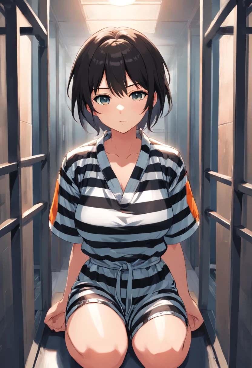 mugshot, view the viewer, Huge breast, prisoner, prison girl, jailed, prisoned, orange prison jumpsuit, Handcuffed, Restrained, shackle, domina, jail cell, lock, long black hair, ponytail 