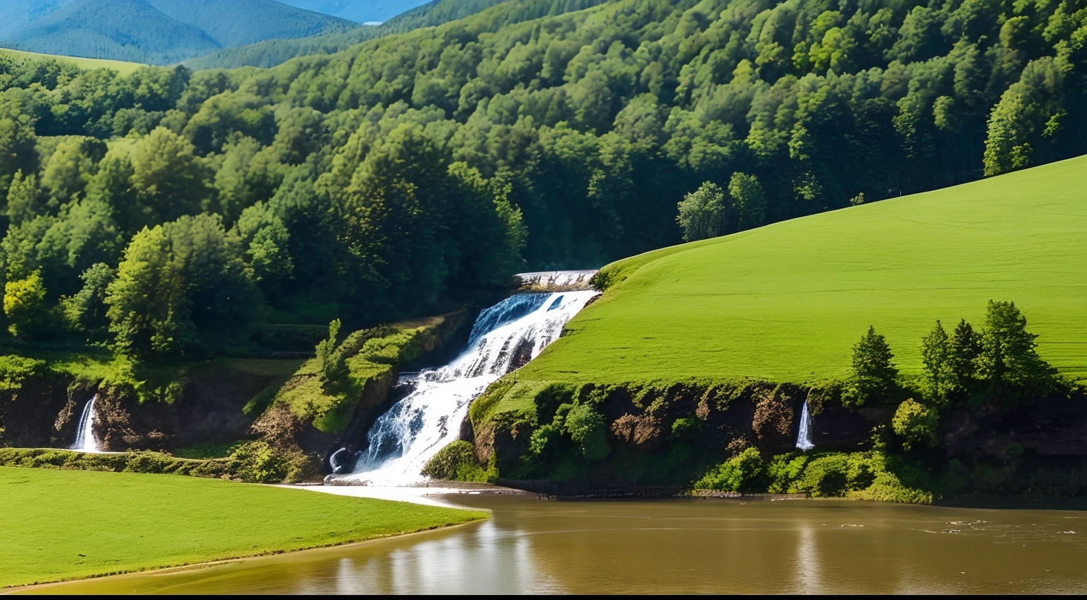 Berge, sonnig, teilweise Wiese oder Moos, Gestein, several small waterfalls, partly steep stony slopes, strong and intense shades
