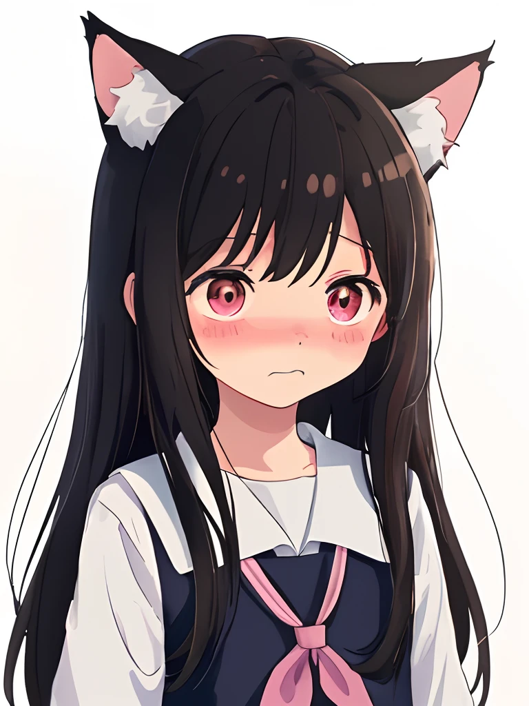 Imagem completa da parte superior do corpo de uma com orelhas de gato bonito, She's shy, Your face is embarrassed, Ela usa um uniforme escolar branco, She's got her head down and looks shy, Ela tem cabelo preto e olhos rosa, imagem cativante e simples, Imagem totalmente focada nela.