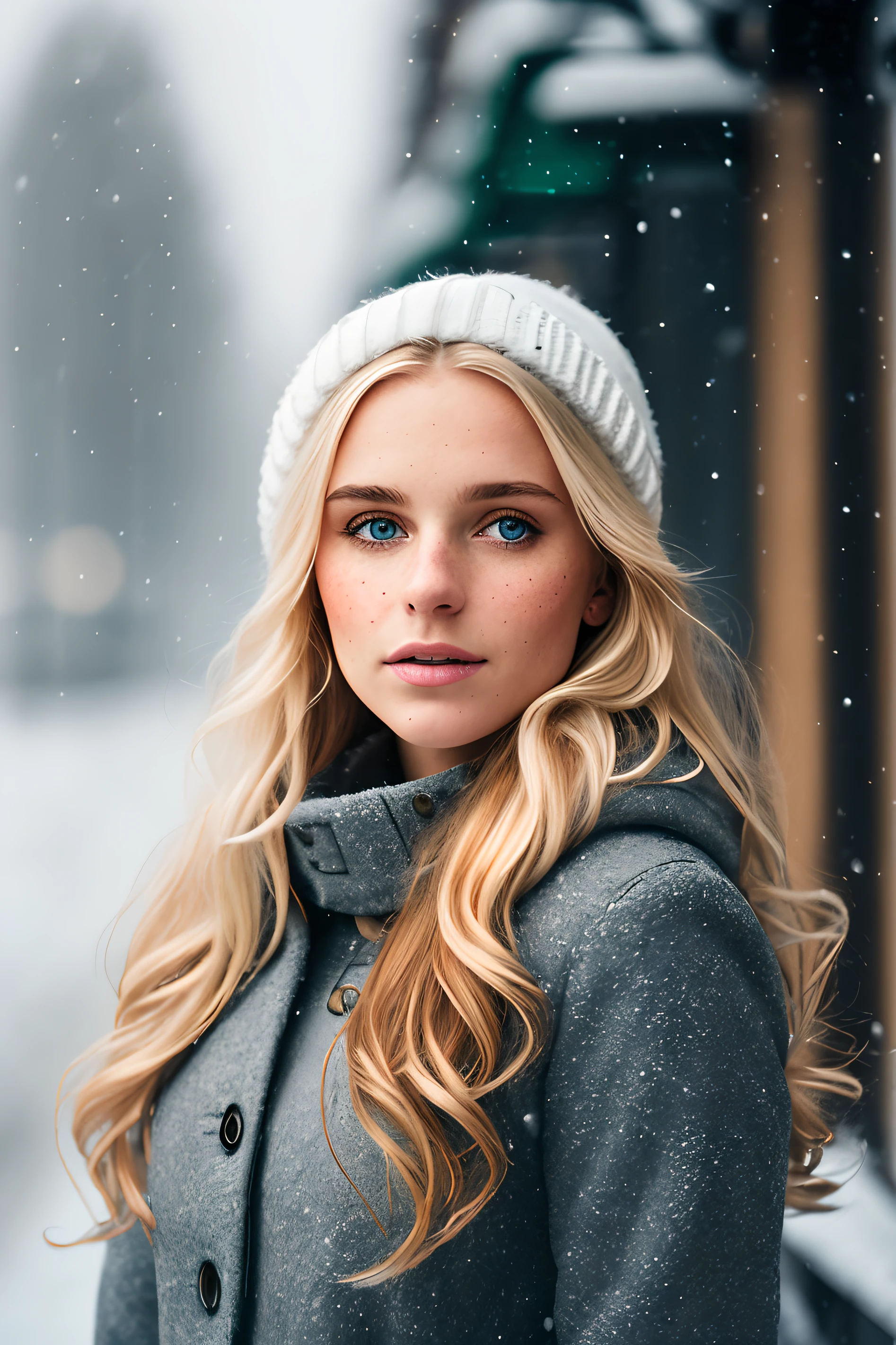 professional portrait photograph of a gorgeous Norwegian girl in winter clothing with long wavy blonde hair, sultry flirty look, (freckles), gorgeous symmetrical face, cute natural makeup, wearing elegant warm winter fashion clothing, ((standing outside in snowy city street)), stunning modern urban environment, ultra realistic, concept art, elegant, highly detailed, intricate, sharp focus, depth of field, f/1. 8, 85mm, medium shot, mid shot, (((professionally color graded))), bright soft diffused light, (volumetric fog), trending on instagram, hdr 4k, 8k