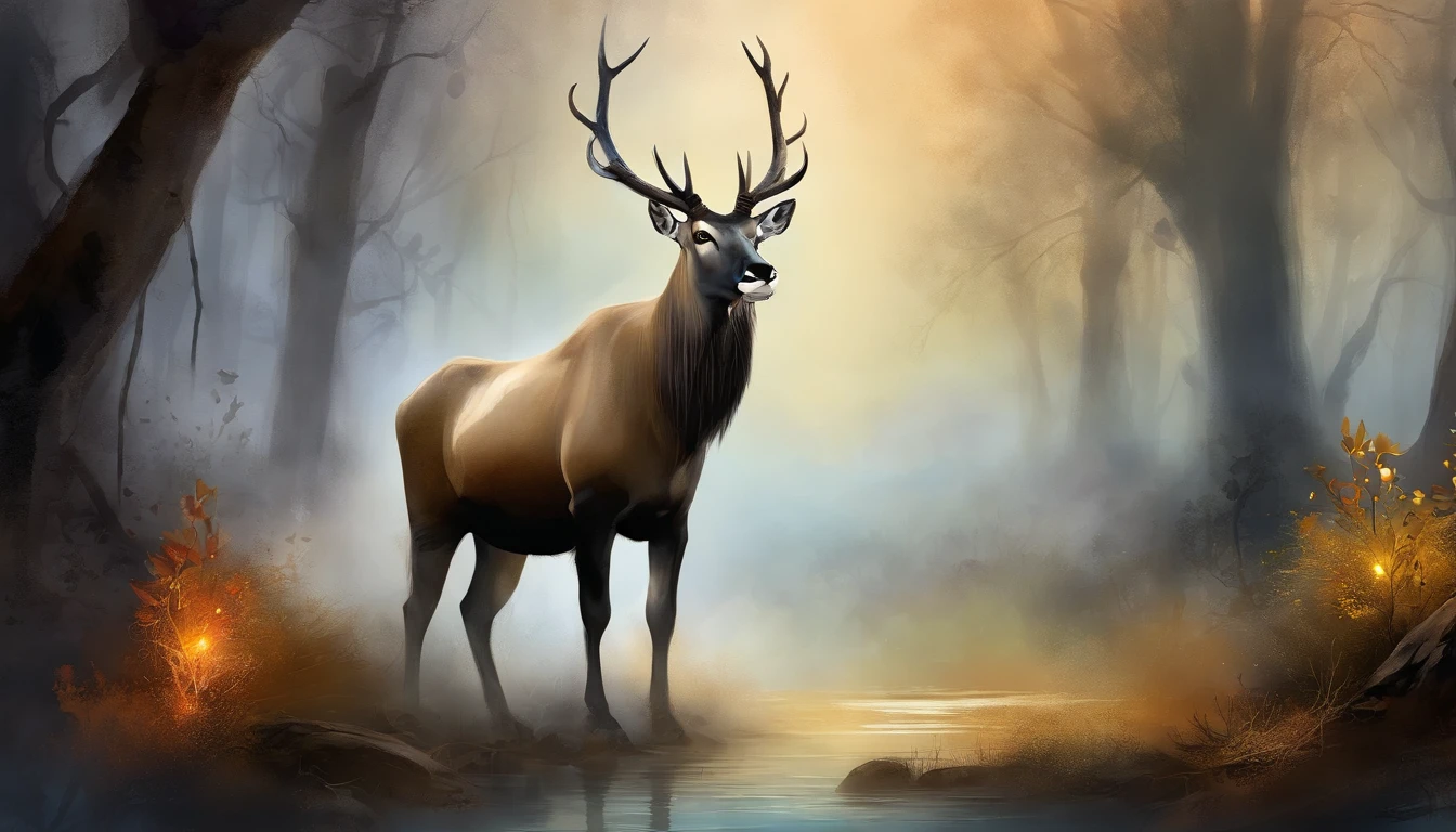 "((masterpiece)) gemsbok in the ((foggy)) ,((magical dark forest :1.2))at late dusk time, with ((strong dark shadows recommended for scene:1.2)), a glowing magical lion,golden glowing flowers ,((glowing butterfly )), beautiful magical style, golden water reflection,fierce, concept art, digital painting."