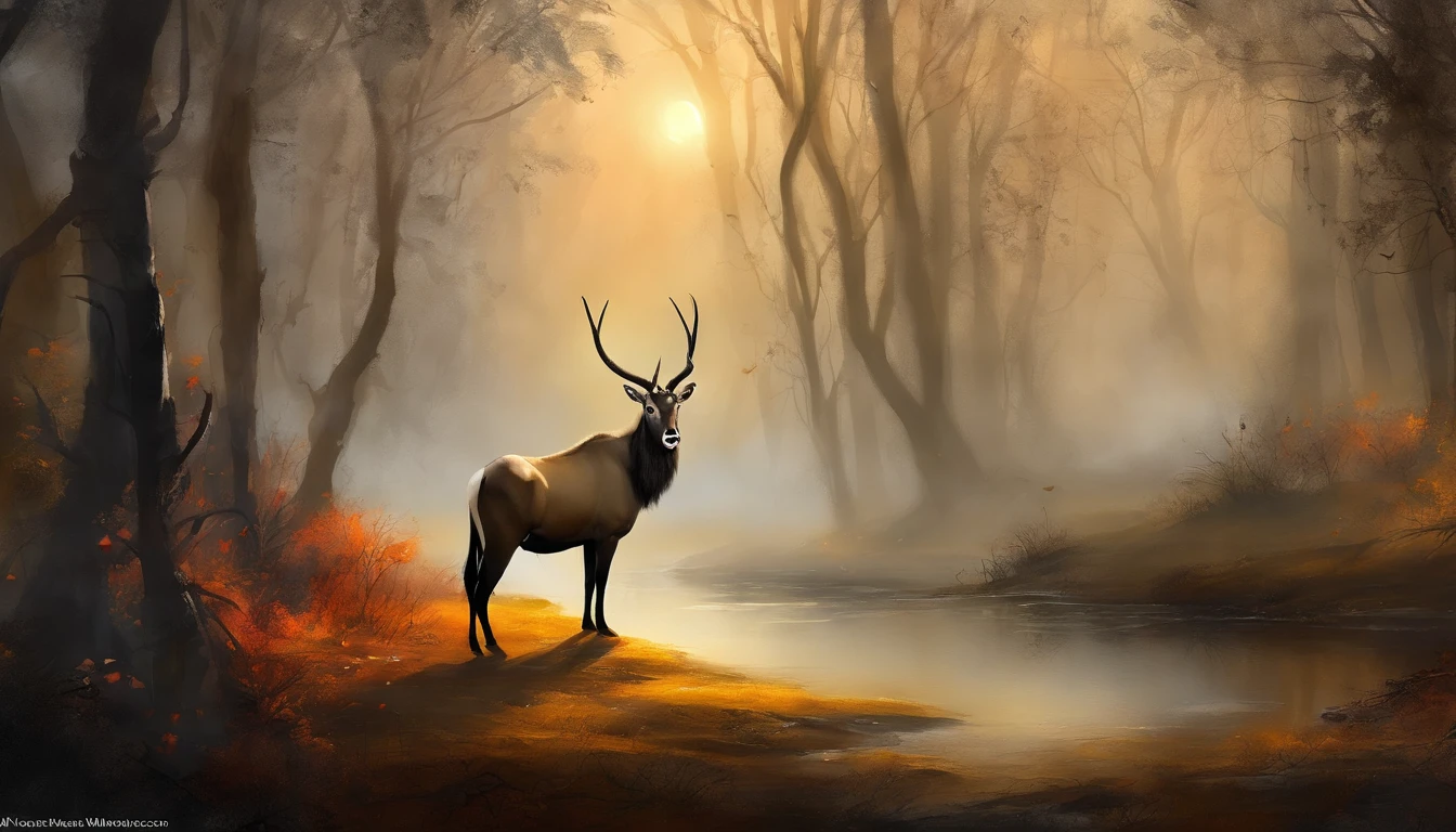 "((masterpiece)) gemsbok in the ((foggy)) ,((magical dark forest :1.2))at late dusk time, with ((strong dark shadows recommended for scene:1.2)), a glowing magical lion,golden glowing flowers ,((glowing butterfly )), beautiful magical style, golden water reflection,fierce, concept art, digital painting."