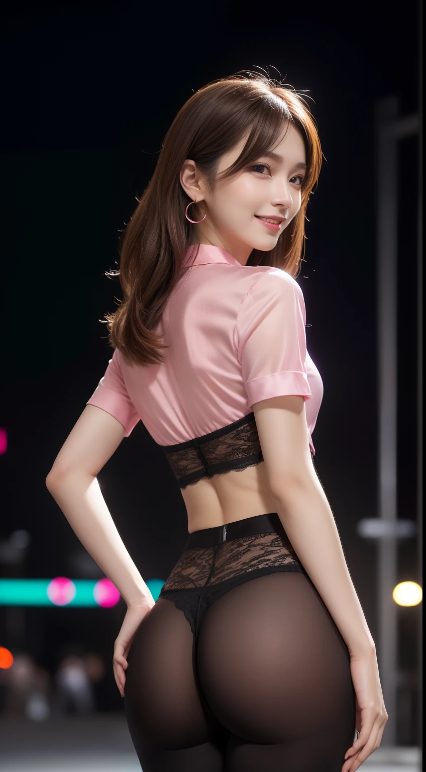 8K, masutepiece, Raw photo, Best Quality, Photorealistic, Highly detailed CG Unity 8k wallpaper, depth of fields, Cinematic Light, Lens Flare, Ray tracing, (Extremely beautiful face, Beautiful lips, Beautiful eyes), intricate detail face, ((Ultra detailed skin)) 1girl in, In the Dark, deepshadow, Pretty Korean girl, Kpop Idol, 1 girl, (Very slim and slender fit muscular body:1.3), ((Looking at Viewer)),(Big smile:1.3), (Tight pink pants), (Mini pants with lace), (Midnight, a dark night, (Neon sign), (Blurred background), Dim light), (No people in the background:1.3), Beautiful earrings, Bracelets, Necklace, pantyhose, Clear eyes, Walking , Front shot, (pale skin), (Big eyes), Face forward, (Full body shot), ((Silk Hot Pink Shirt)), (Brown hairs), (Tight lace shirt), open navel, (Looking at Viewer:1.3) Very slim, medium breasts,, (Camel toe), turn back, ((Back shot)), (Camel toe), slim ass, Thonged panties, (Watching through tight pants)