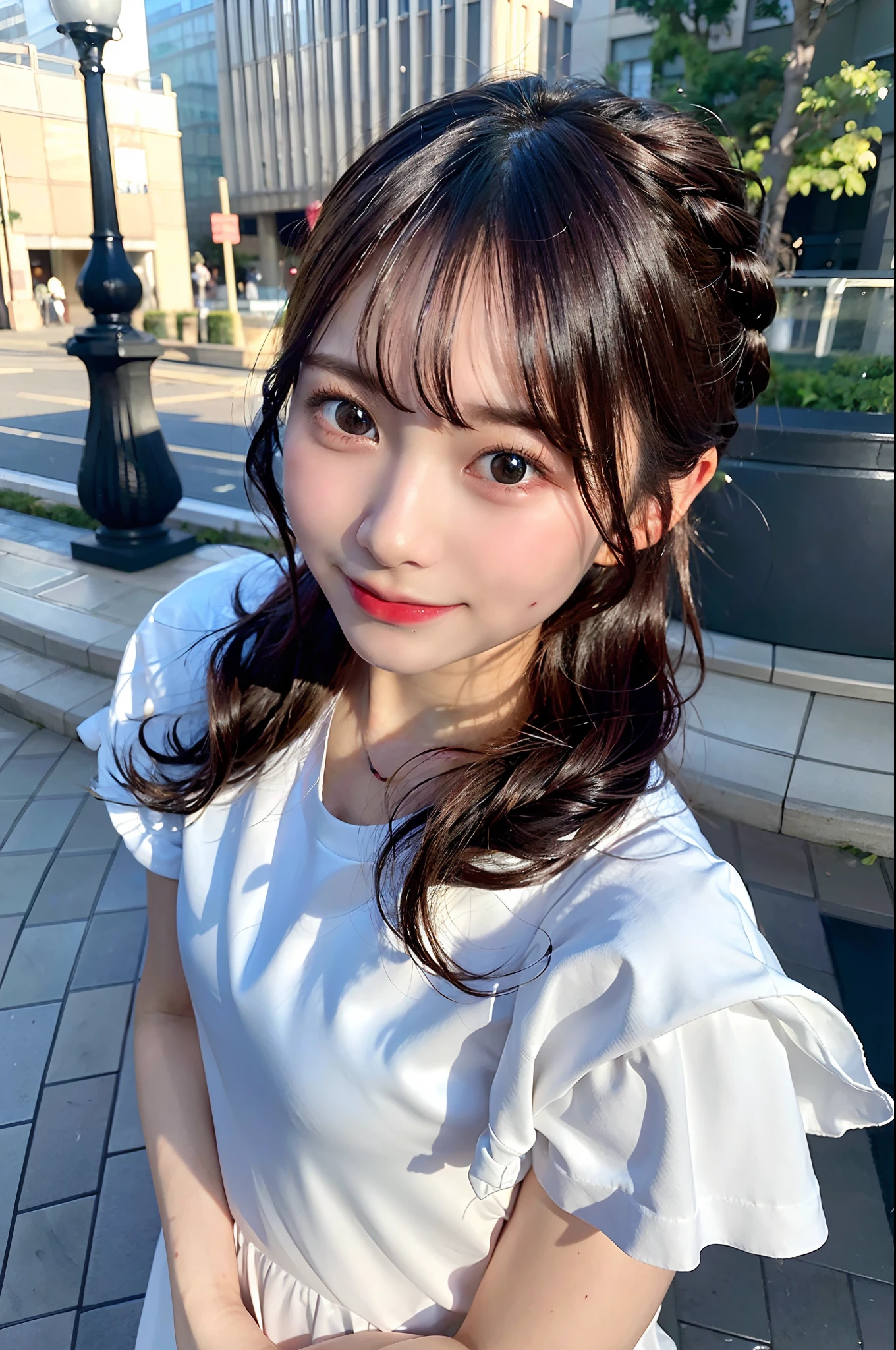poneyTail,white  shirt,jeans,Shoulder bag,In front of Gotokuji Station at night,My hair is wet from the rain,My clothes are wet from the rain.Body line weight approx. 55 kg,Height 160 cm,