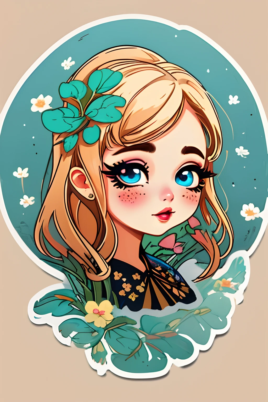 (a sticker，Map，projection，Hollow-out on，graphical，Graphic imposition，Stickers) Girl in the garden,illustration,Beautiful detailed eyes,beautiful detailed lips,Extremely detailed eyes and face,long eyelasher,floral patterns,，Makeup，Random