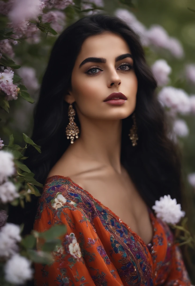 a 22-year-old Turkish Qashqai girl with big black eyes and long black hair, a small black mole above her lip, a colorful Qashqai dress with a misty background and white jasmine flowers and purple trees
