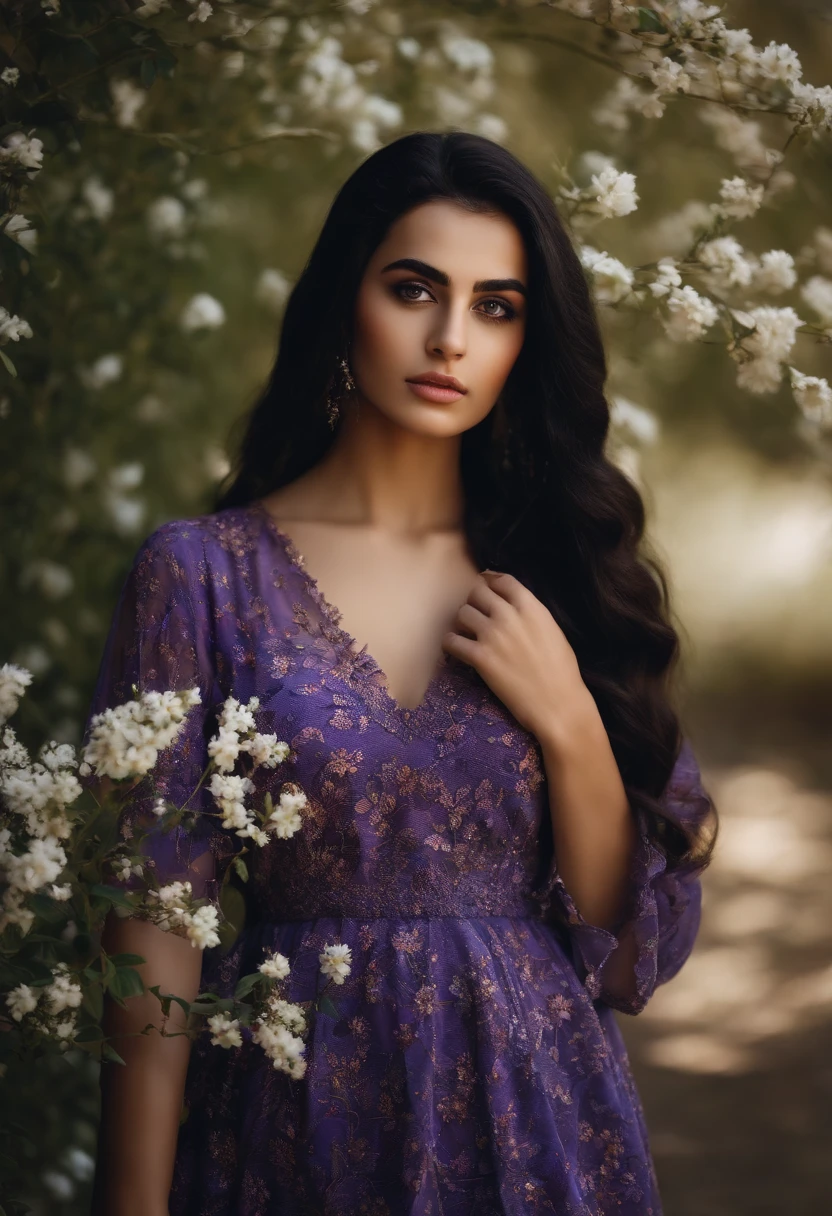 a 22-year-old Turkish Qashqai girl with big black eyes and long black hair, a small black mole above her lip, a colorful Qashqai dress with a misty background and white jasmine flowers and purple trees