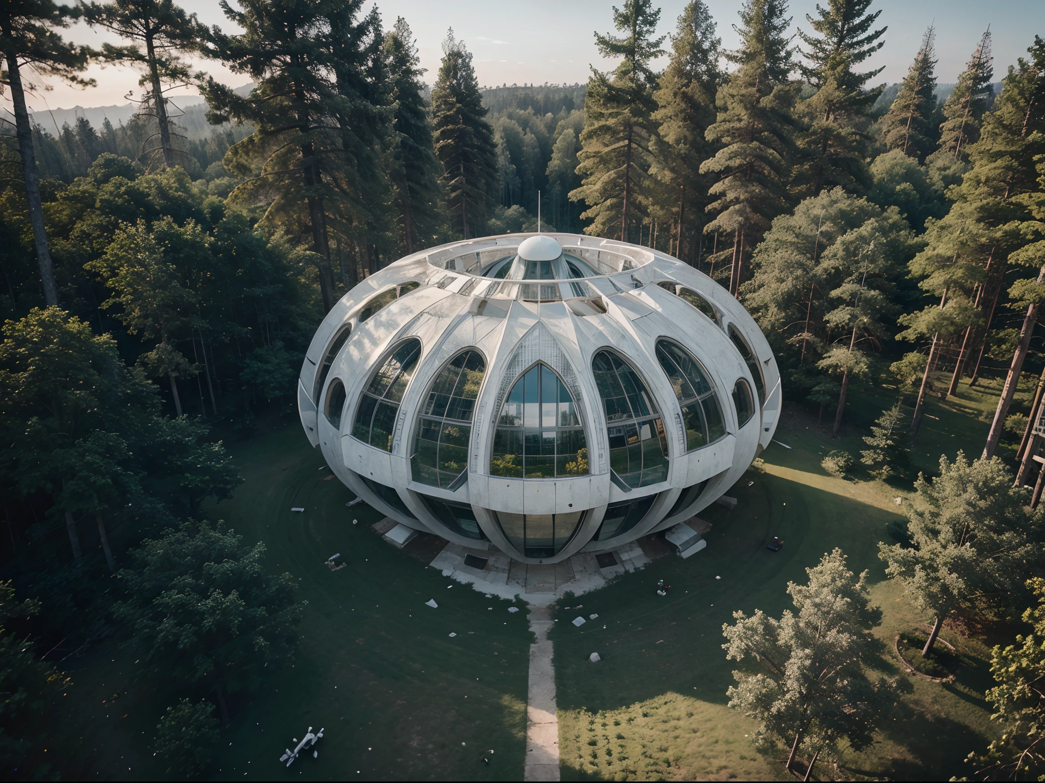 white sci-fi building in the forest, bird's nest shape, minimalist, 45 degree, drone shot, photo manipulation, 3d art, ultra realistic, cinematic atmosphere, bird' eye view