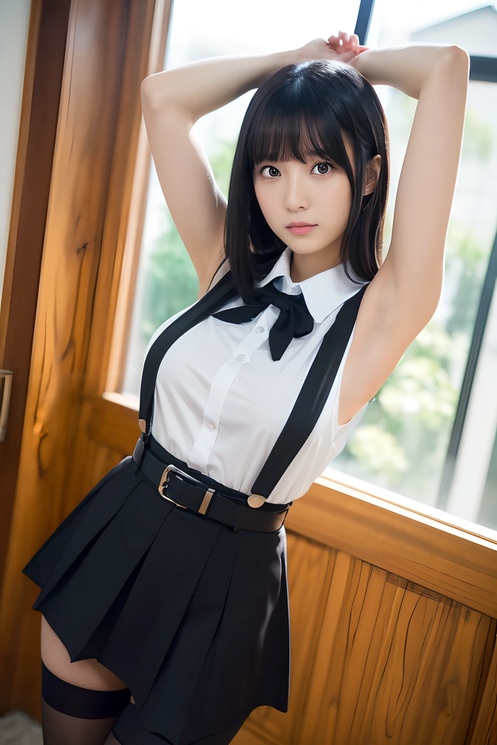 top-quality、​masterpiece、hi-school girl、Medium bob hair、beautiful hair of light brown color、Light brown eyes、high-school uniform、White blouses、pleatedskirt、plump big breasts、Constricted waist、white  panties、lift skirt , showing   panties、Black pantyhose、Modern library during the day、Bright sunlight、