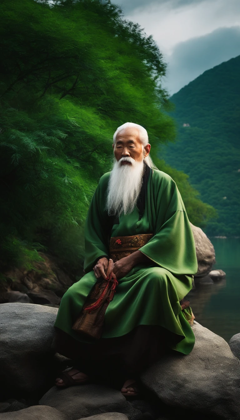 Chinese old people in ancient China，Full of wisdom，White hair and beard，Deep vision，Full body photo of the front，Sit cross-kneeled on a huge rock，Behind is the green water，Bright light，ultra-clear，8k