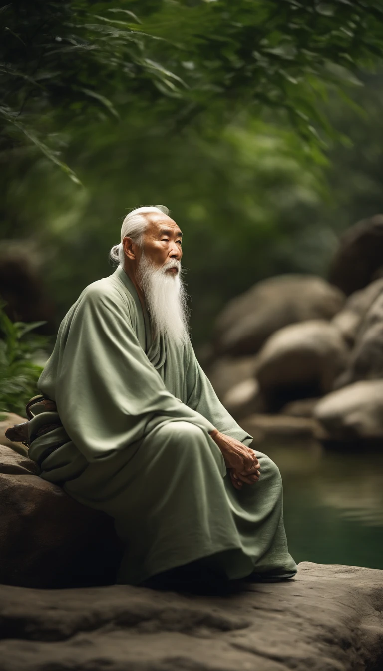 Chinese old people in ancient China,Full of wisdom,White hair and beard,Deep vision,Full body photo of the front,Sit cross-kneeled on a huge rock,Behind is the green water,Bright light,ultra-clear,8k