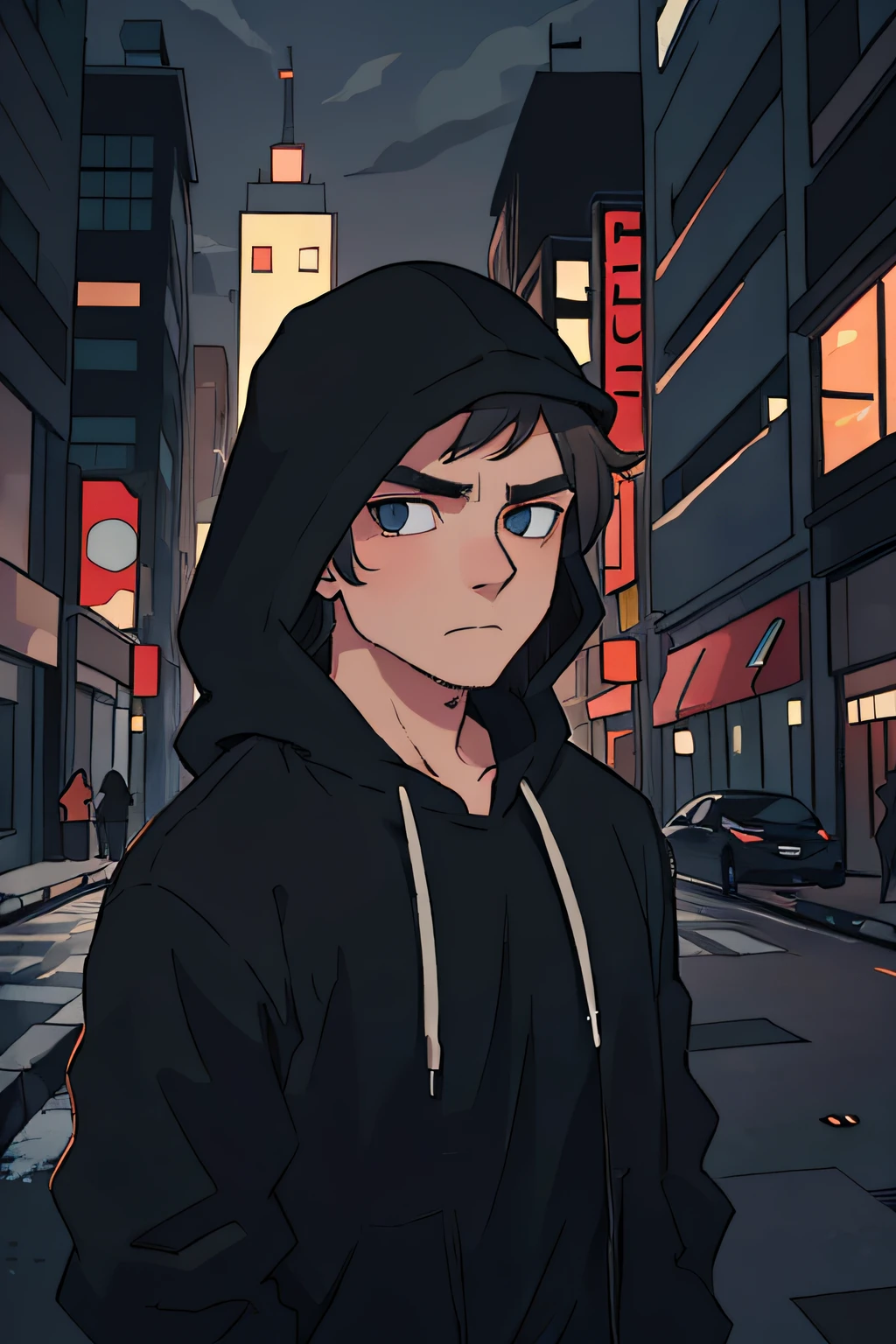 A man in a black hat.,grey eyes,bored,depressed,at night,Half Wood,in the city,handsome,evening,10