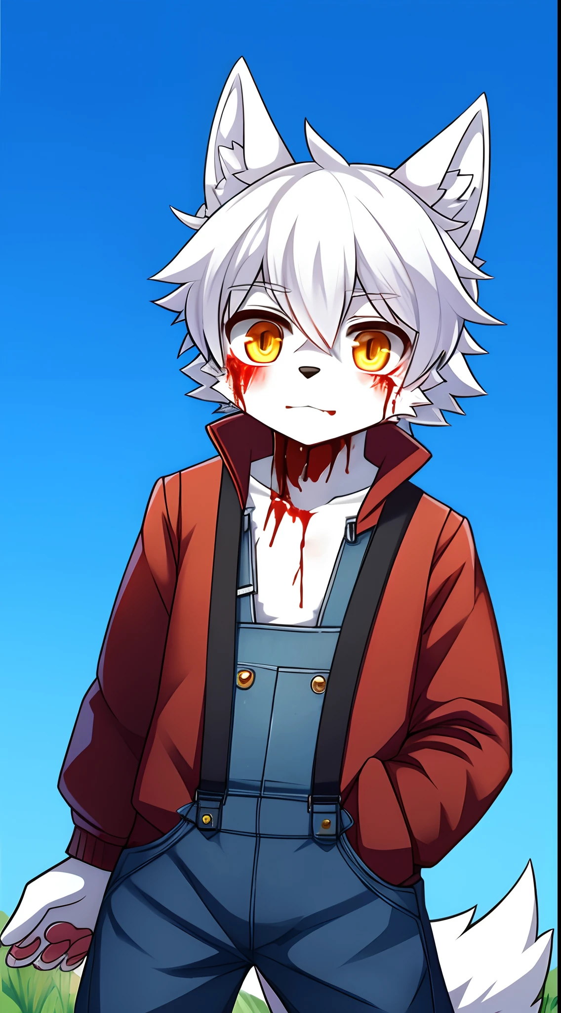 terroral，blood vess，Be covered in blood，The corners of his mouth were stained with blood，solo person，White body，White ears，White hair，White fur，Overall white，Orange-yellow eyes，Wolf tail，Wolf orcs，Wolf paws，Young，Wear a jacket，Ultra-clear screen，Soft lines