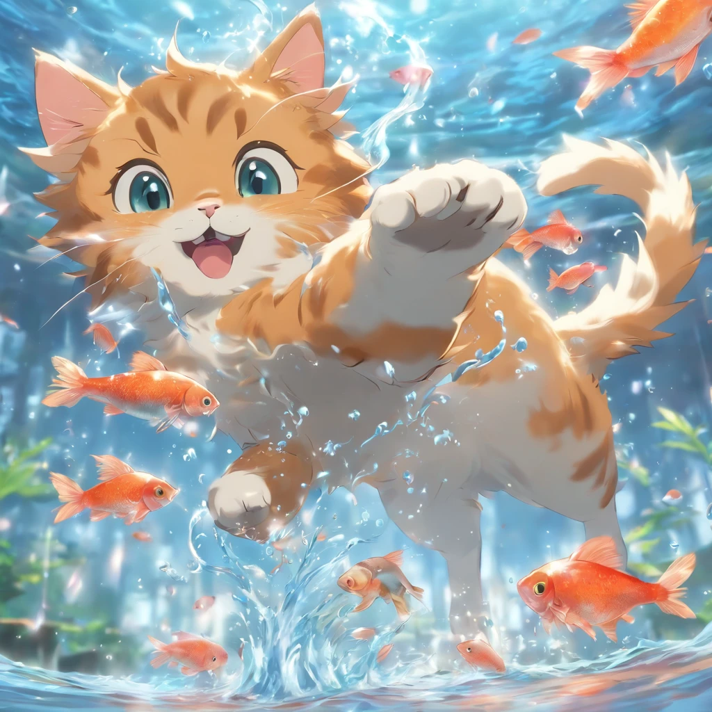Cat is playing with flying liquid water fish, transparent fish