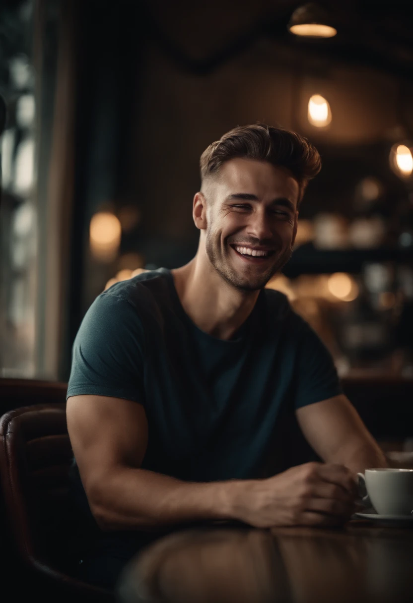 25 years old guy, model face laughing sitting in a cafe