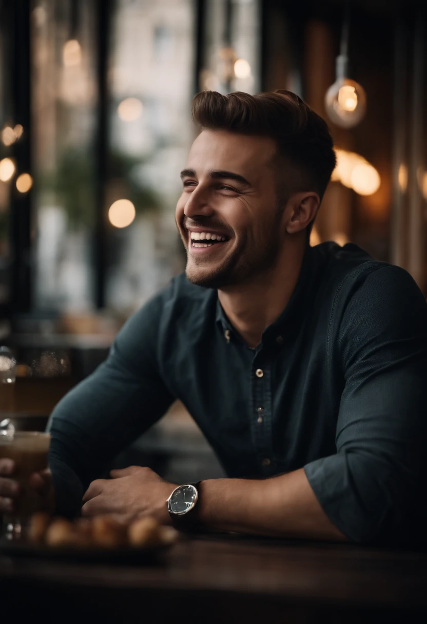 25 years old guy, model face laughing sitting in a cafe