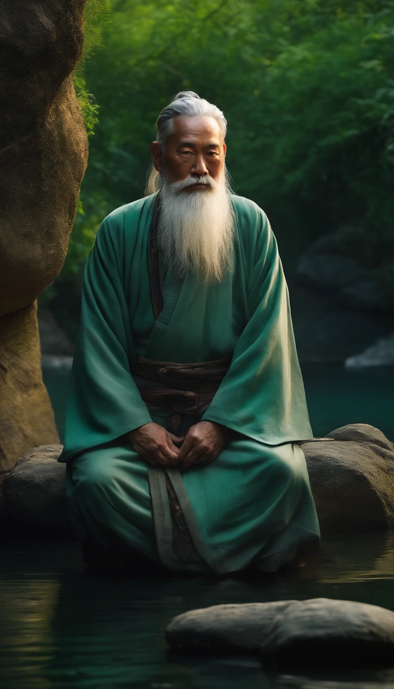 The old man of ancient China,Full of wisdom,gray hair and beard,Deep vision,Full body photo of the front,Sit cross-kneeled on a huge rock,Behind is green water,Bright light,Ultra-clear,8K,Gray robe,Close-up image
