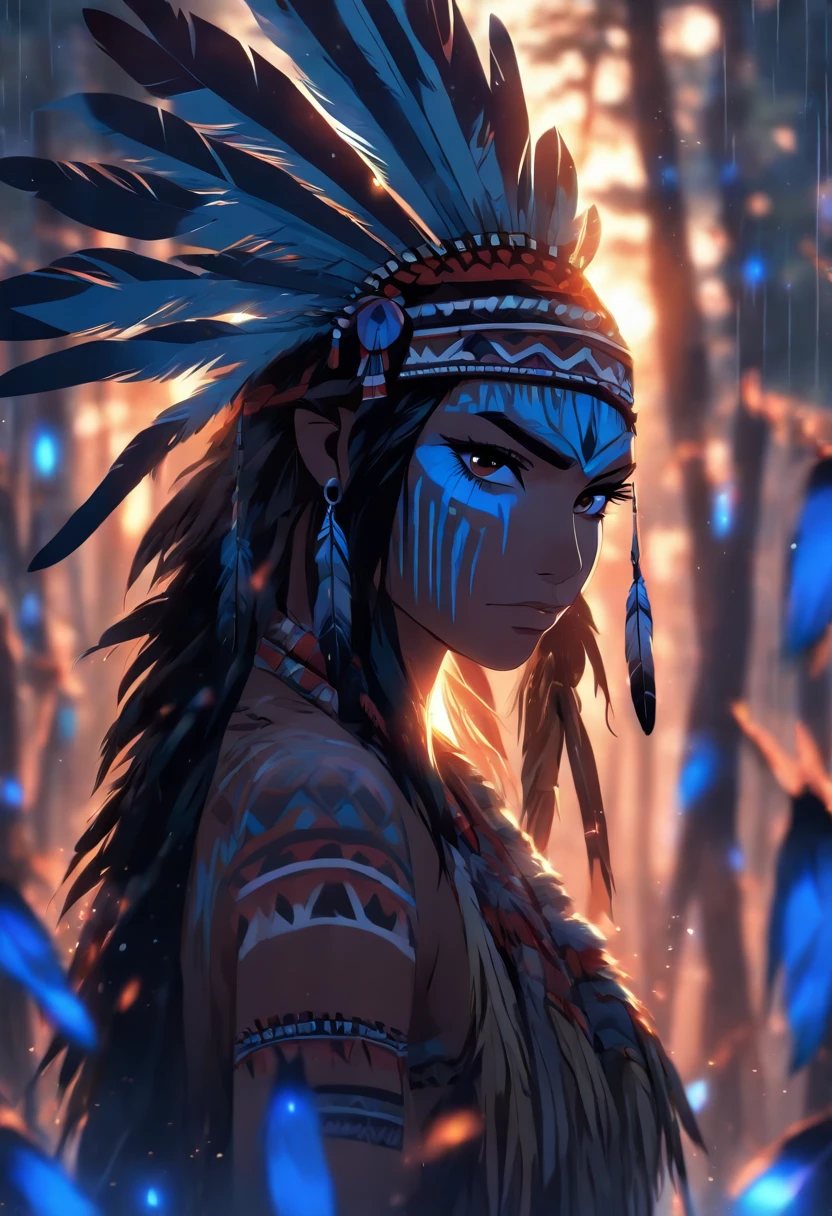 (((indigenous woman with blue feathers))) best quality, very high resolution, detailed CG in 4K, masterpiece, woman, rain, blue feathers, amazon brazil, indigenous people, indigenous tribes, indigenous city, forest, aesthetics, beautiful image , centered on screen, full body