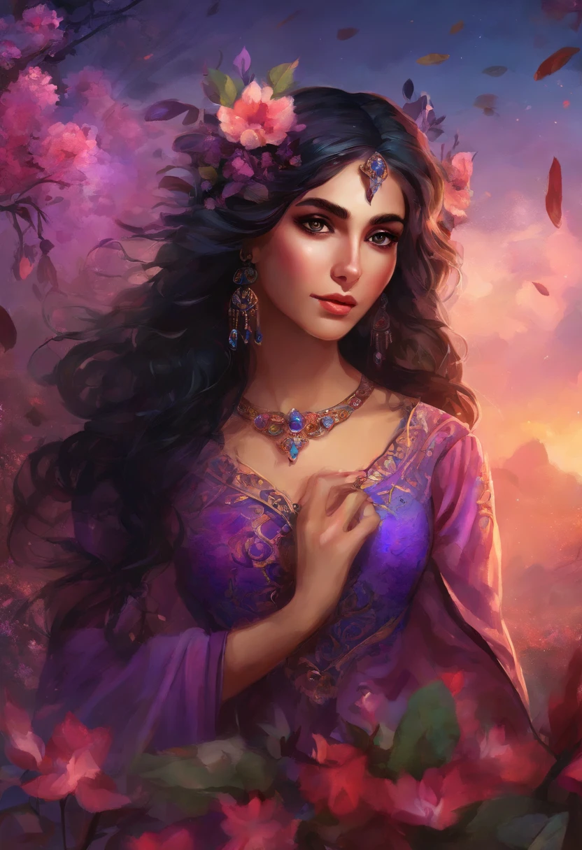 a 22-year-old Turkish Qashqai girl with big black eyes and long black hair, a small black mole above her lip, a colorful Qashqai dress with a misty background and white jasmine flowers and purple trees