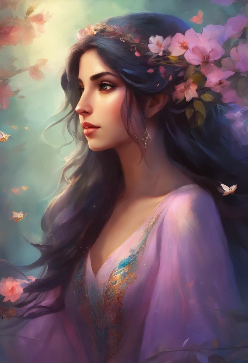 a 22-year-old Turkish Qashqai girl with big black eyes and long black hair, a small black mole above her lip, a colorful Qashqai dress with a misty background and white jasmine flowers and purple trees