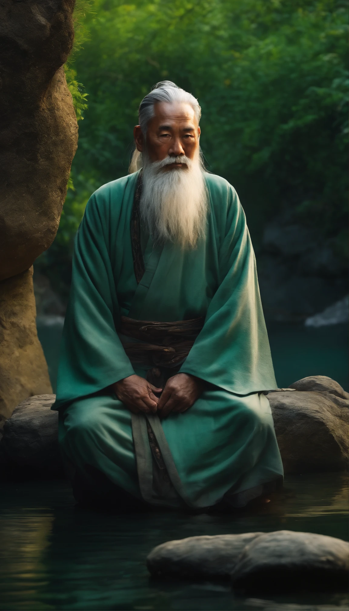 The old man of ancient China,Full of wisdom,gray hair and beard,Deep vision,Full body photo of the front,Sit cross-kneeled on a huge rock,Behind is green water,Bright light,Ultra-clear,8K,Gray robe,Close-up image