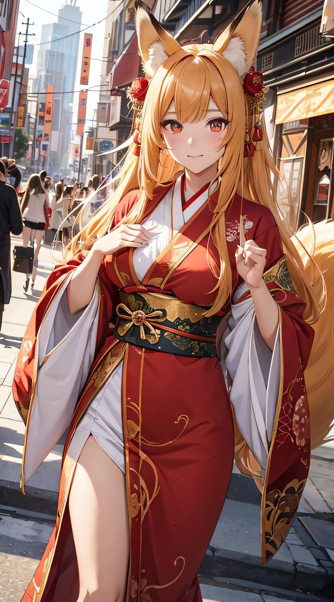 8K picture quality、Beast ears、(Fox ears、With a fox tail)、(The fox's tail grows)long hair of golden color、anime style 4 k, anime moe art style,western woman、Human limbs、(Tailed)(Beautiful woman with red eyes)、(Fox-like eyes)、Slender limbs、large full breasts、Beautiful whole body、Golden hair、Golden fur、Look up angle、Japanese clothes with beautiful embroidery、Hidden skin costume、Kimono in red color、Hana hair ornament、textile、Thick fabric、((Beastman))、Inside the city、Western cityscape、Brick style、Wearing zori