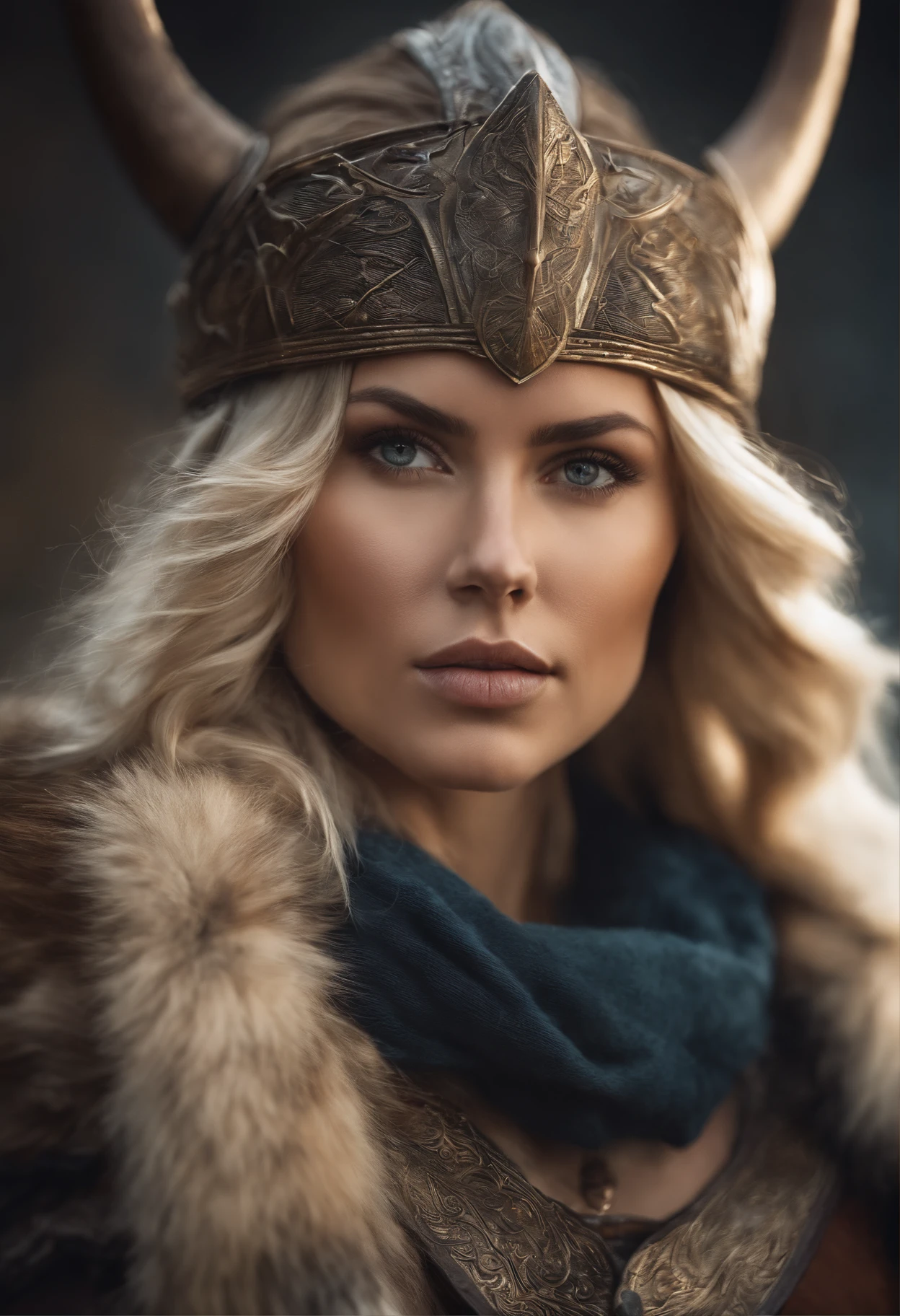beautiful woman, viking warrior, fur cloak, armor, blonde hair, wavy hair, (closeup, portrait shot), (solo), realistic, depth of field